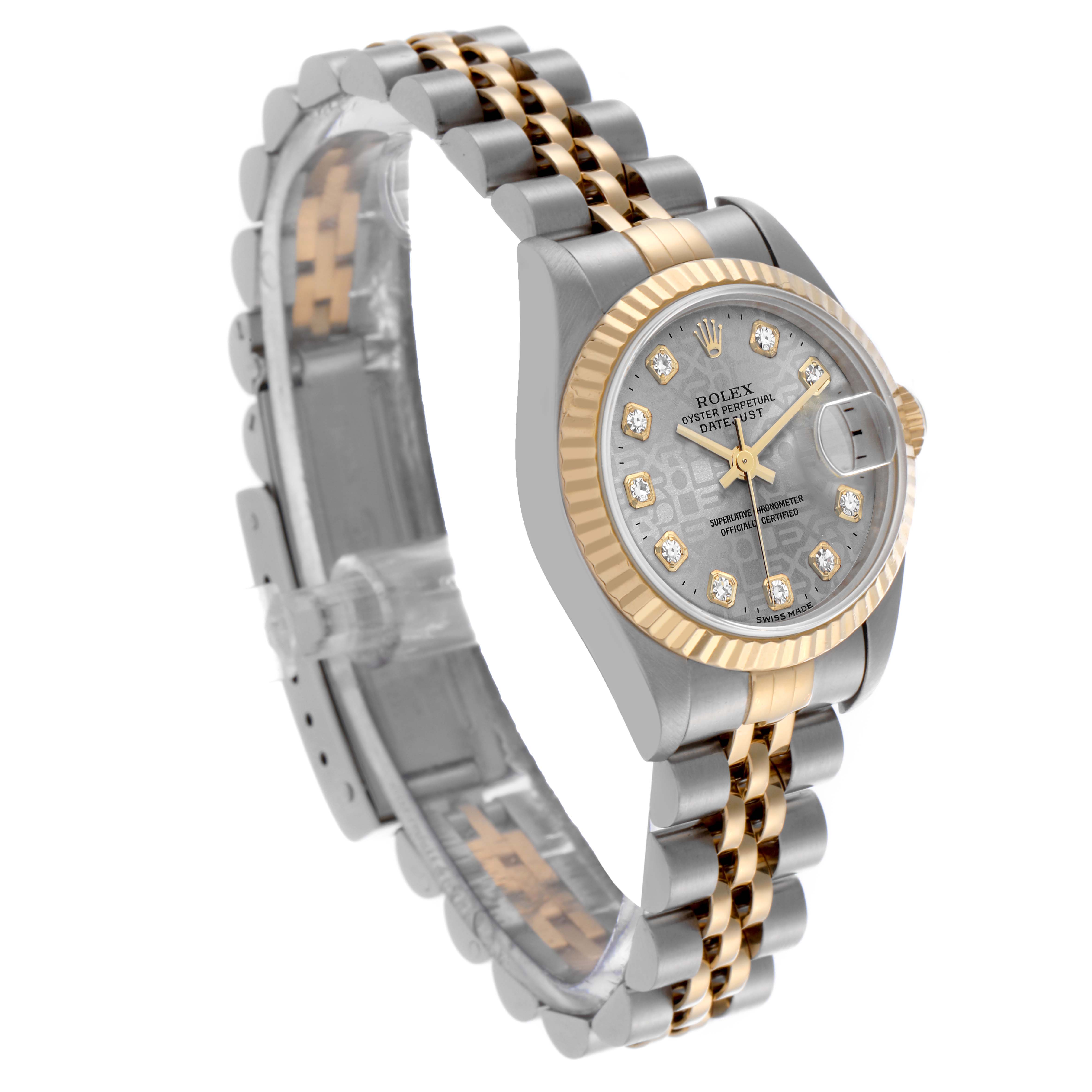 The Rolex Datejust 79173 Women's Steel and Gold (two tone) Grey Dial 79173 Women's Steel and Gold (two tone) Grey Dial watch is shown at a three-quarter angle, displaying the face, bezel, and Jubilee bracelet clearly.