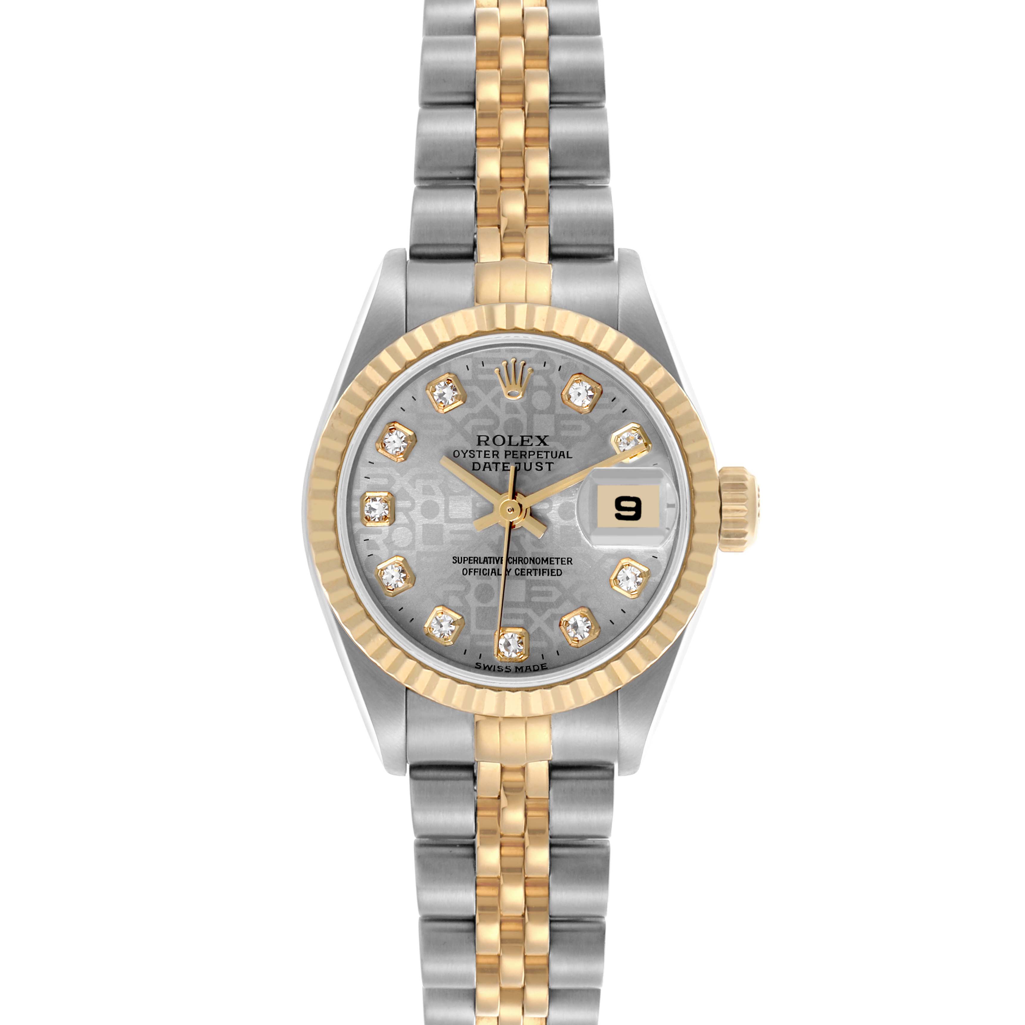 The Rolex Datejust 79173 Women's Steel and Gold (two tone) Grey Dial 79173 Women's Steel and Gold (two tone) Grey Dial watch is shown from a front angle, highlighting the face, bezel, and part of the bracelet.