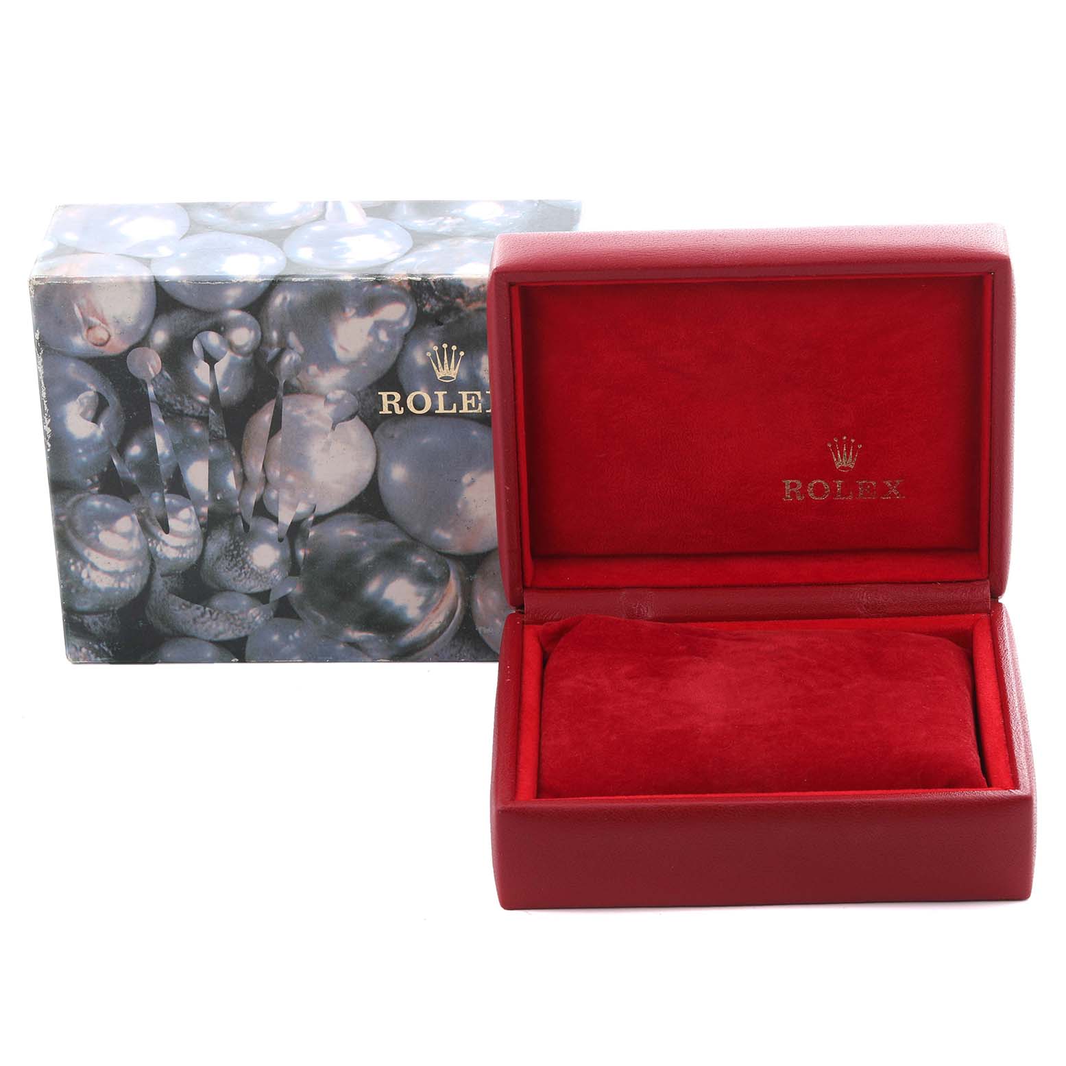 The image shows a red Rolex Datejust 79173 Women's Steel and Gold (two tone) Grey Dial 79173 Women's Steel and Gold (two tone) Grey Dial watch box open, with the brand logo visible, alongside its outer decorative box.