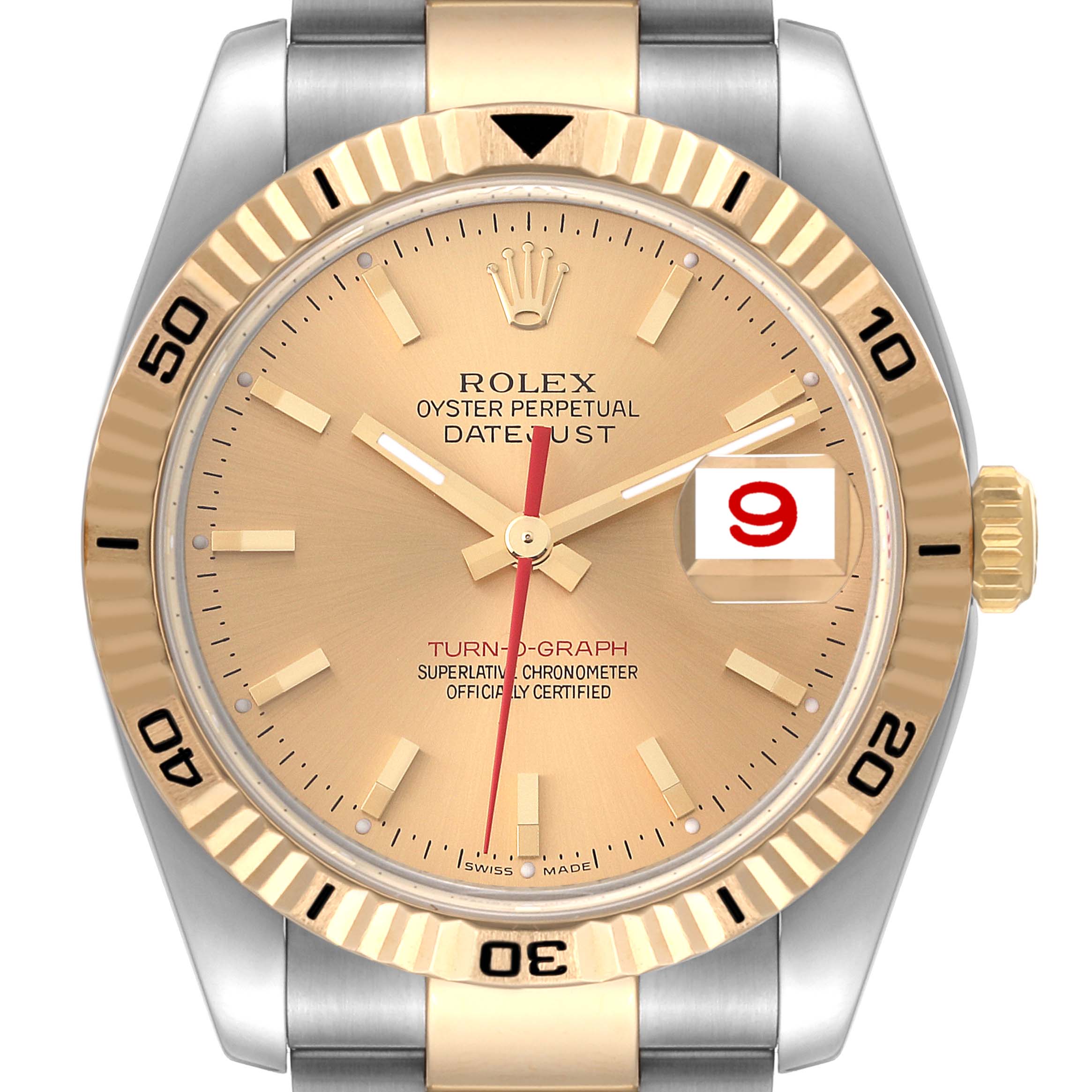 The image shows a front view of the Rolex Turn-o-Graph 116263 Men's Steel and Gold (two tone) Champagne Dial 116263 Men's Steel and Gold (two tone) Champagne Dial watch, highlighting its face, bezel, crown, and part of the bracelet.