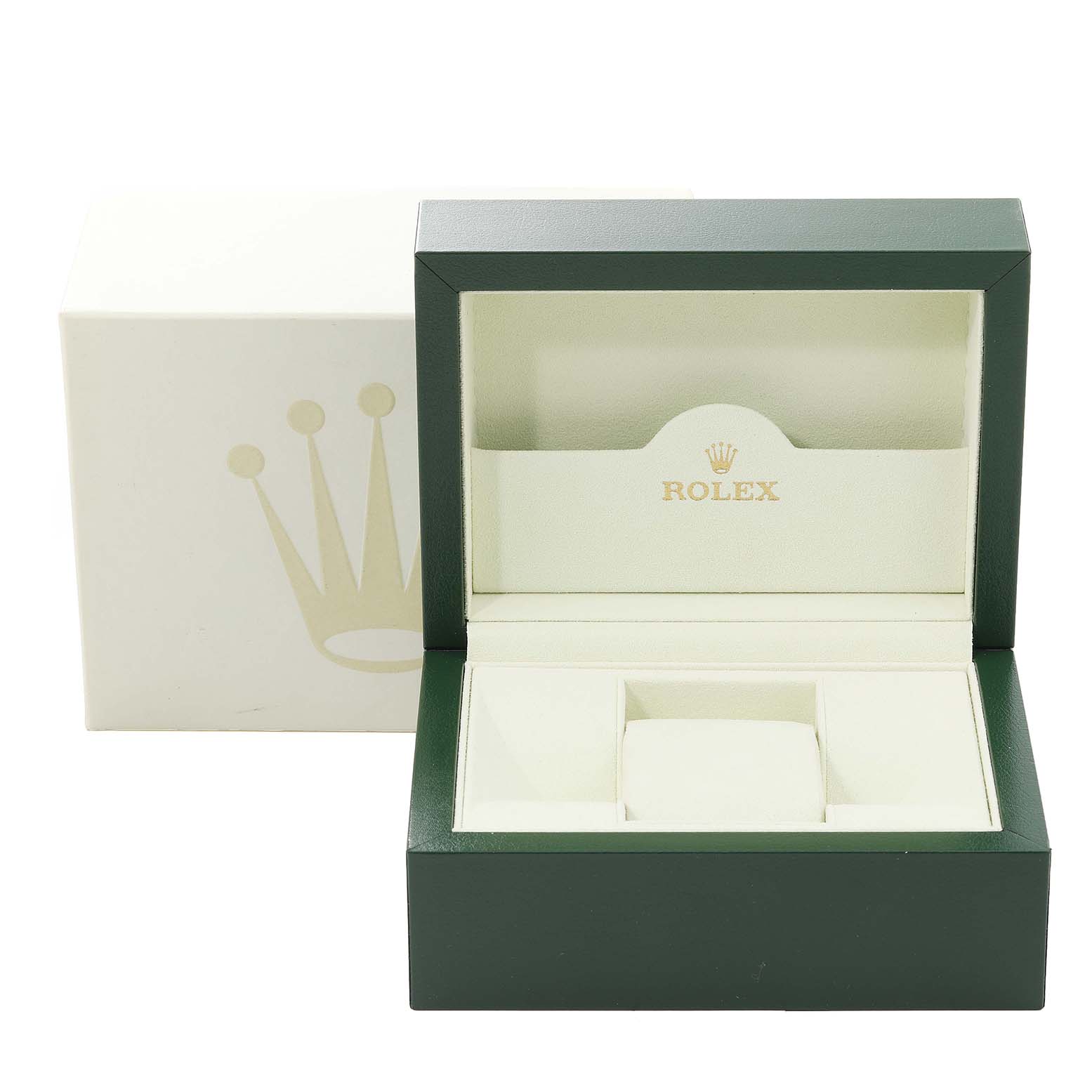 The image shows an open empty Rolex Turn-o-Graph 116263 Men's Steel and Gold (two tone) Champagne Dial 116263 Men's Steel and Gold (two tone) Champagne Dial watch box against its outer box with the Rolex logo visible.