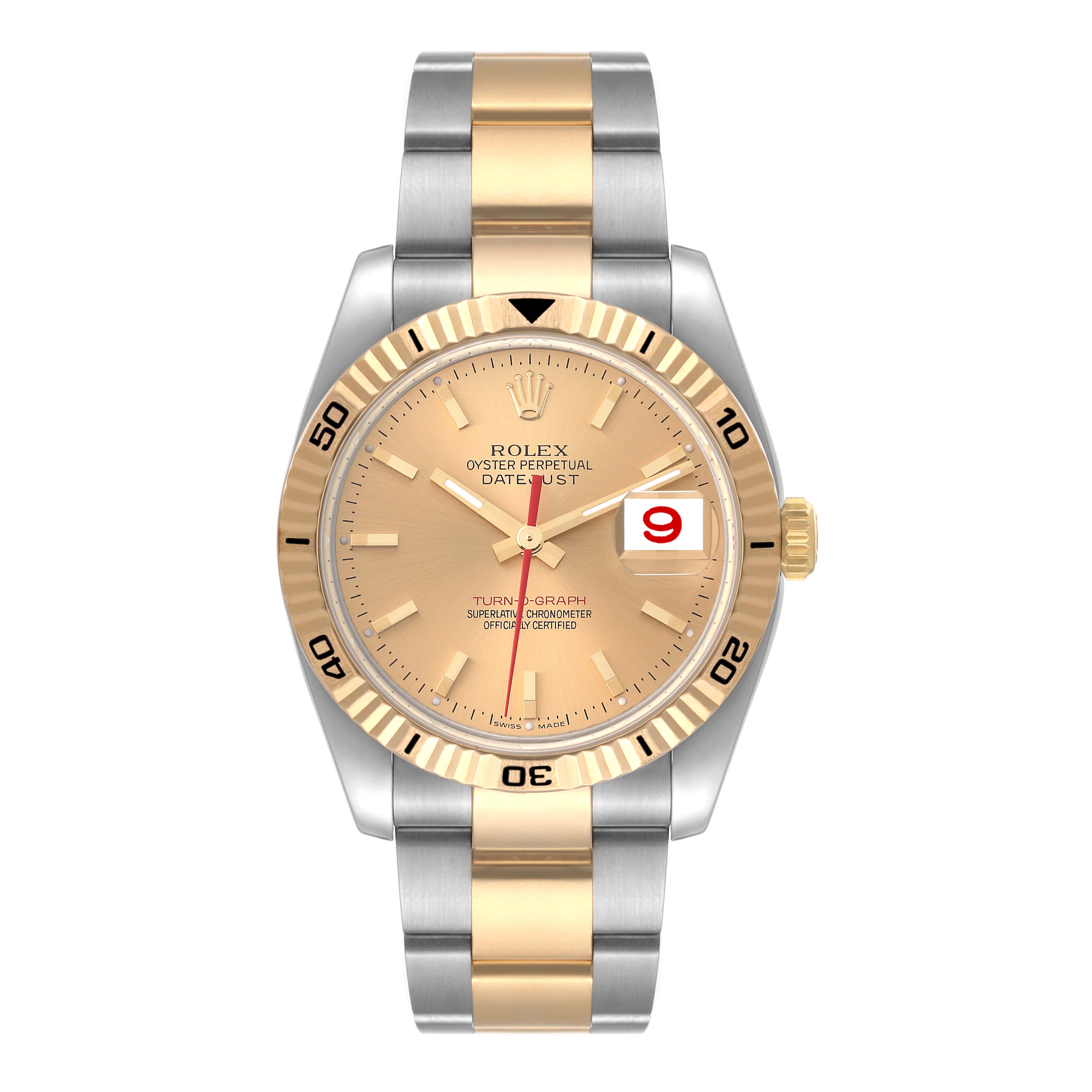 The image shows a front view of a Rolex Turn-o-Graph 116263 Men's Steel and Gold (two tone) Champagne Dial 116263 Men's Steel and Gold (two tone) Champagne Dial watch, showcasing its dial, bezel, and two-tone bracelet.