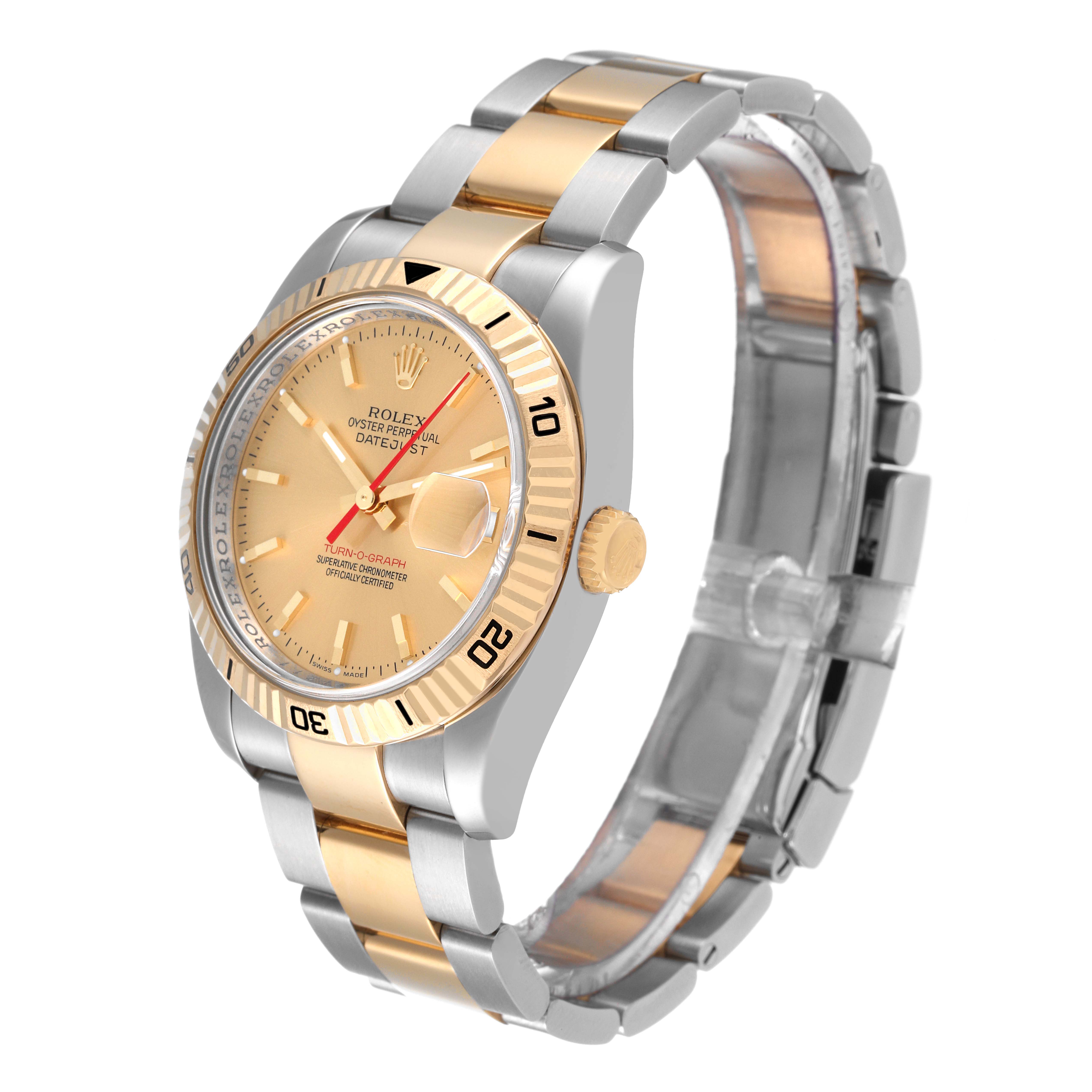 This Rolex Turn-o-Graph 116263 Men's Steel and Gold (two tone) Champagne Dial 116263 Men's Steel and Gold (two tone) Champagne Dial model is shown at a three-quarter angle, highlighting the face, bezel, bracelet, and crown.
