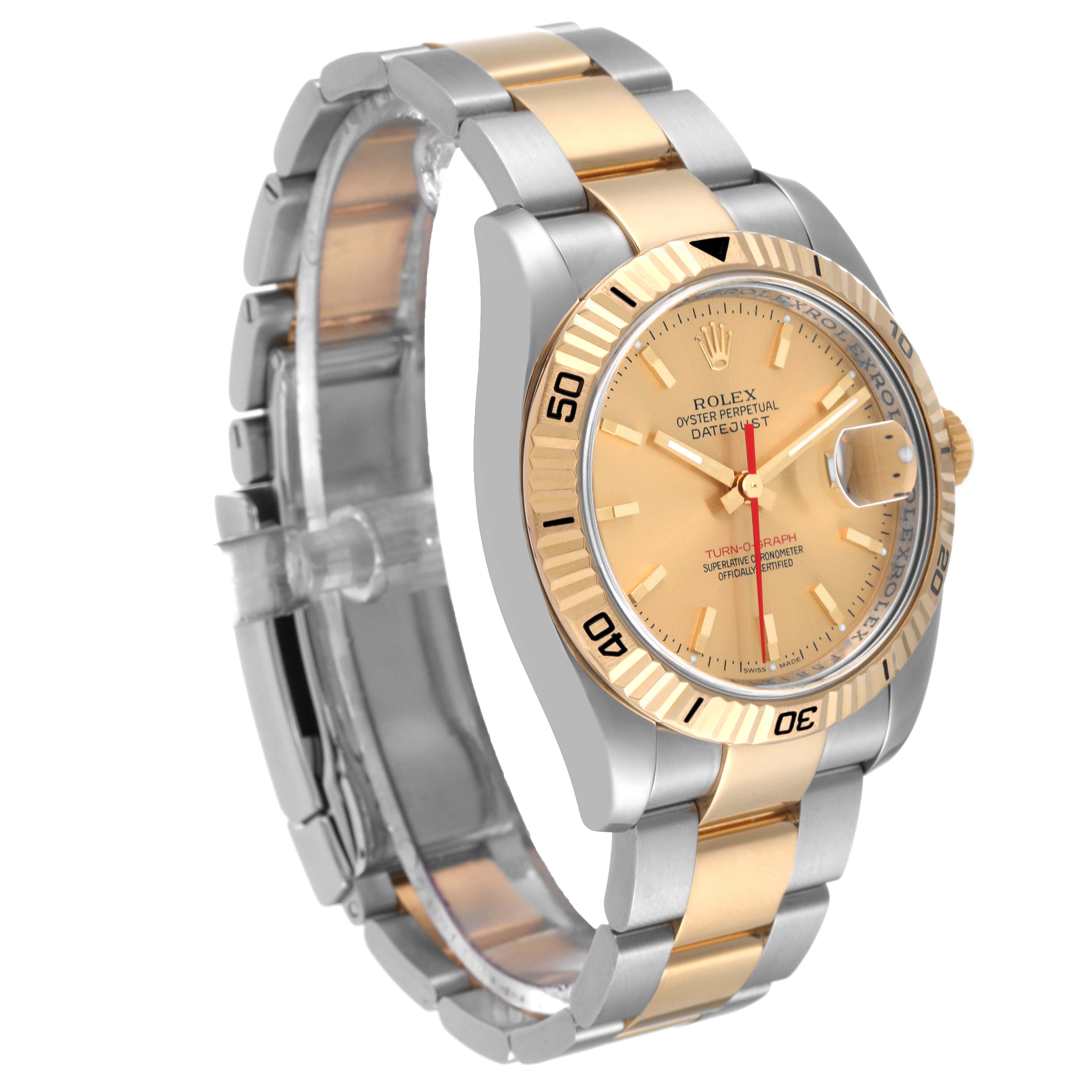 The image shows a Rolex Turn-o-Graph 116263 Men's Steel and Gold (two tone) Champagne Dial 116263 Men's Steel and Gold (two tone) Champagne Dial watch at an angle that highlights the dial, bezel, and bracelet.