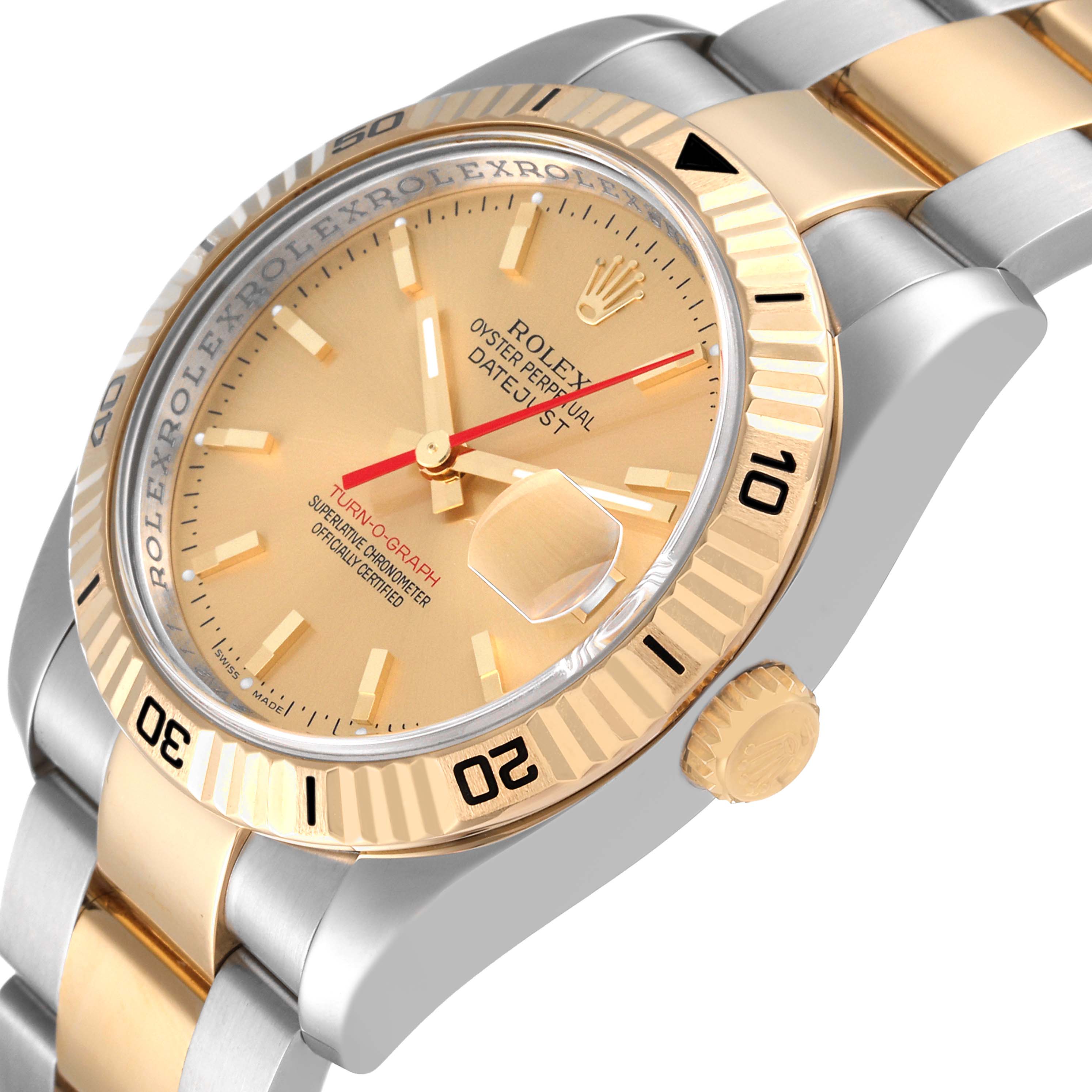 This image shows a close-up of the face, bezel, and part of the bracelet of a Rolex Turn-o-Graph 116263 Men's Steel and Gold (two tone) Champagne Dial 116263 Men's Steel and Gold (two tone) Champagne Dial watch.