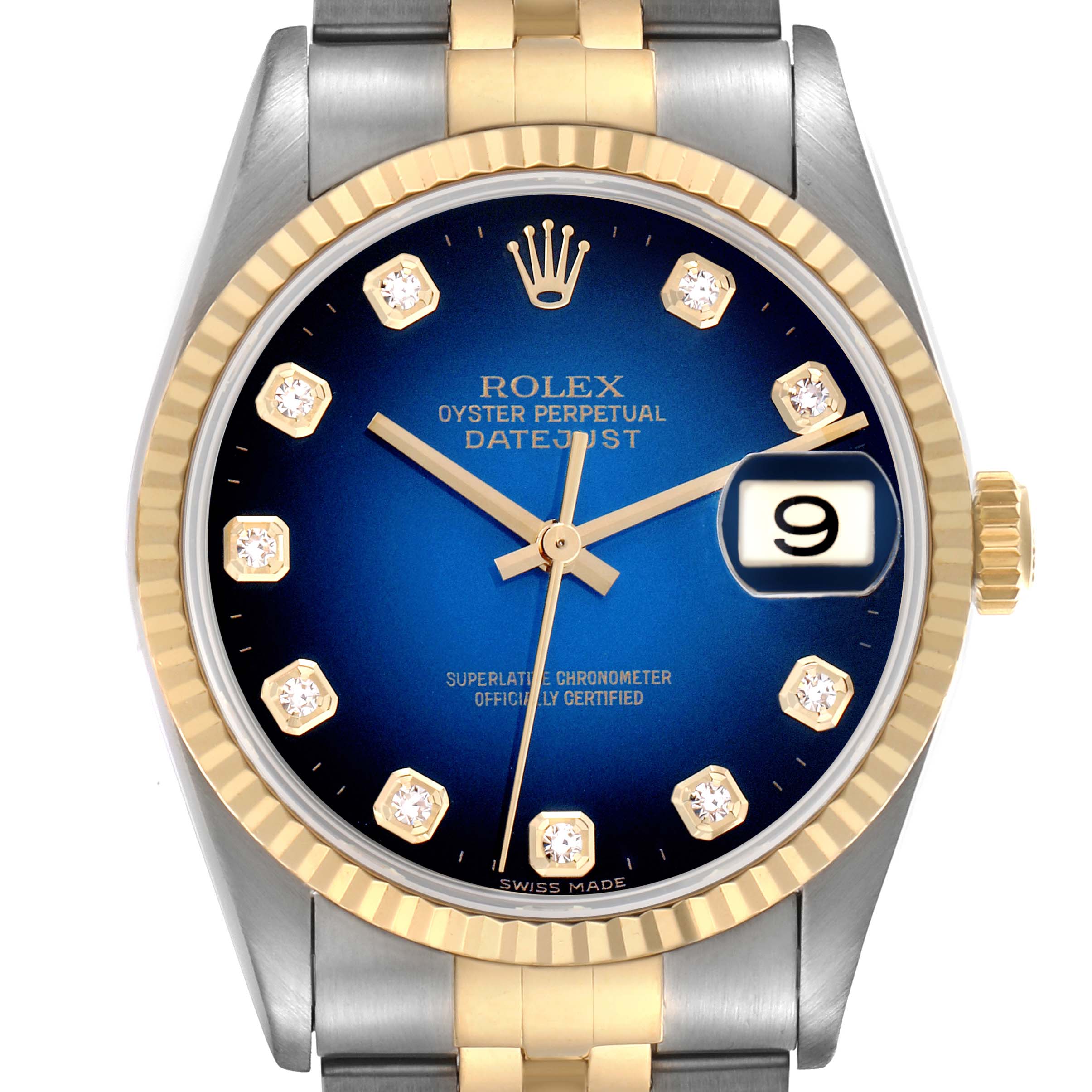 The image shows a front view of the Rolex Datejust 16233 Men's Steel and Gold (two tone) Blue Dial 16233 Men's Steel and Gold (two tone) Blue Dial watch, highlighting its blue dial, gold indices, bezel, and two-tone bracelet.