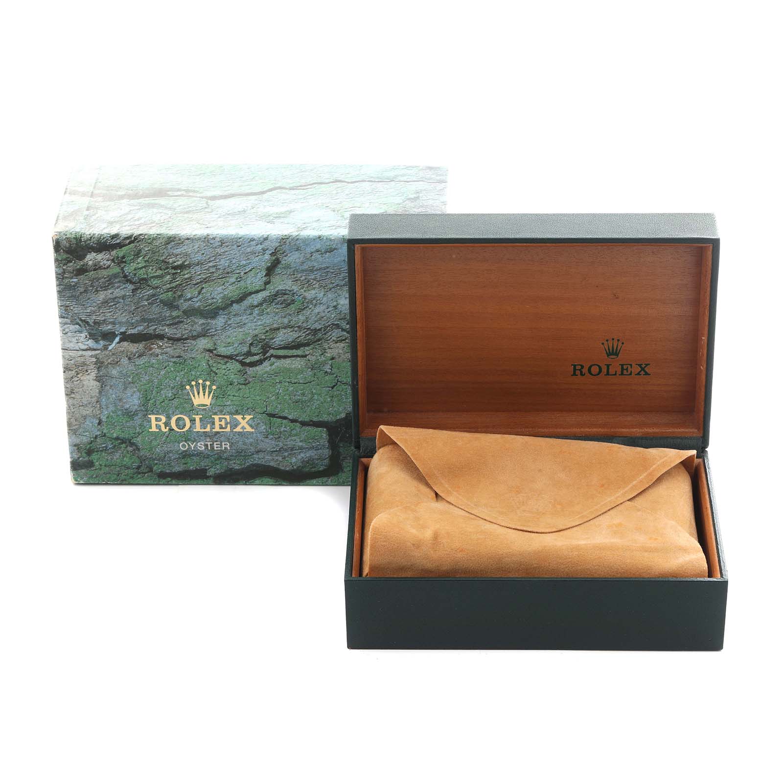 The image shows a green outer box and an open wooden box with a suede pouch for a Rolex Datejust 16233 Men's Steel and Gold (two tone) Blue Dial 16233 Men's Steel and Gold (two tone) Blue Dial watch, viewed from the front.