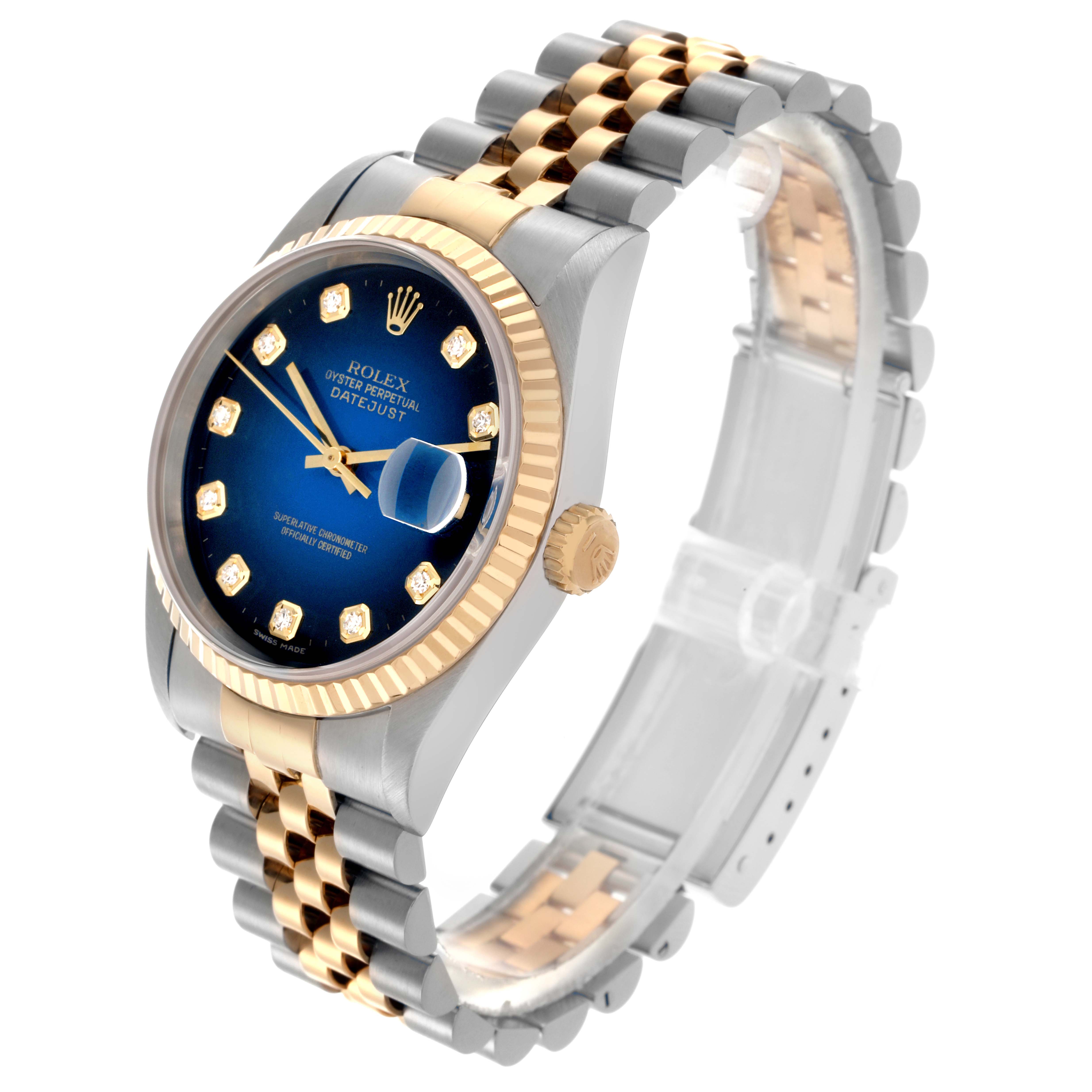 The Rolex Datejust 16233 Men's Steel and Gold (two tone) Blue Dial 16233 Men's Steel and Gold (two tone) Blue Dial is shown at a three-quarter angle, highlighting its blue dial, gold bezel, and two-tone bracelet.