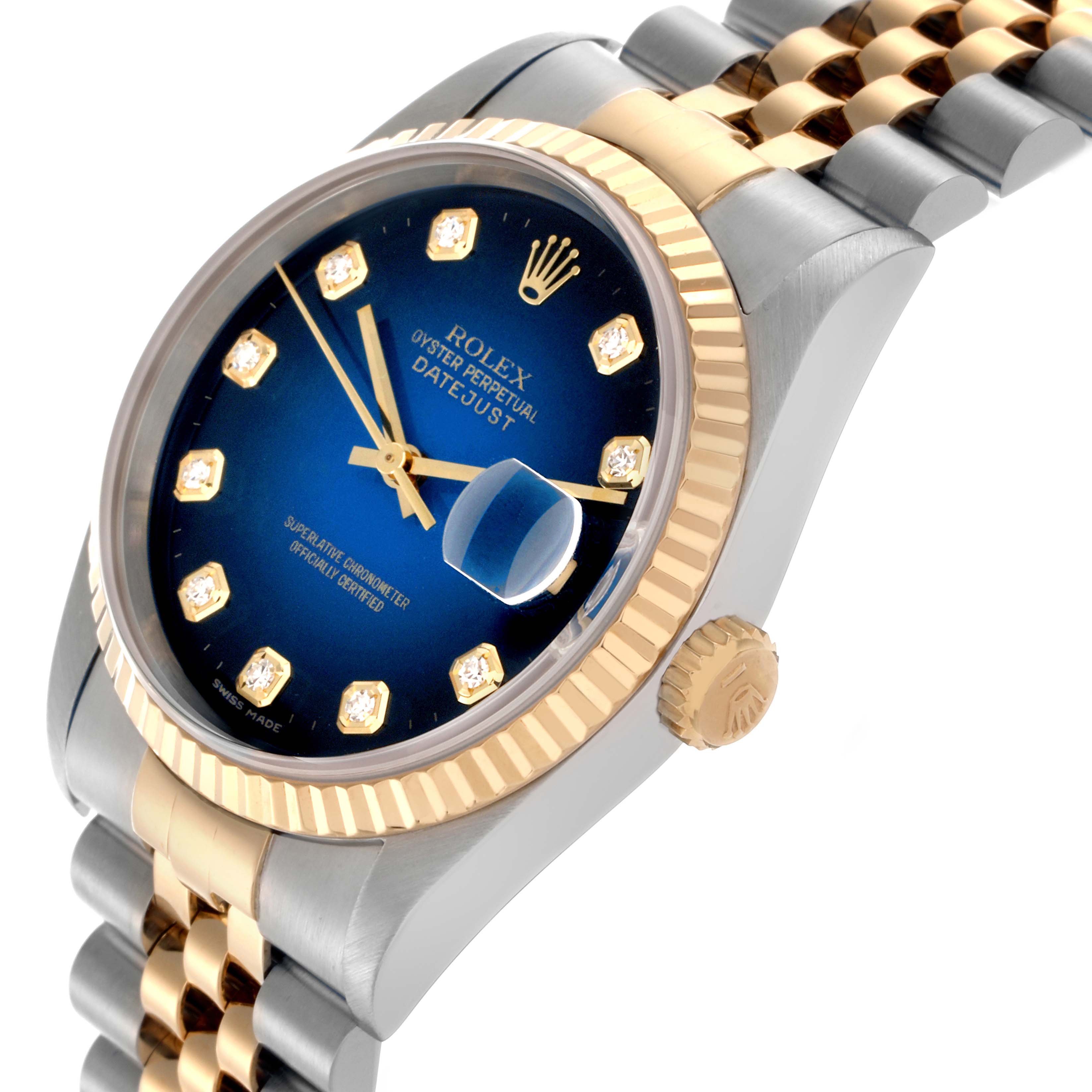The Rolex Datejust 16233 Men's Steel and Gold (two tone) Blue Dial 16233 Men's Steel and Gold (two tone) Blue Dial watch is shown at an angle highlighting the bezel, dial, crown, and part of the bracelet.