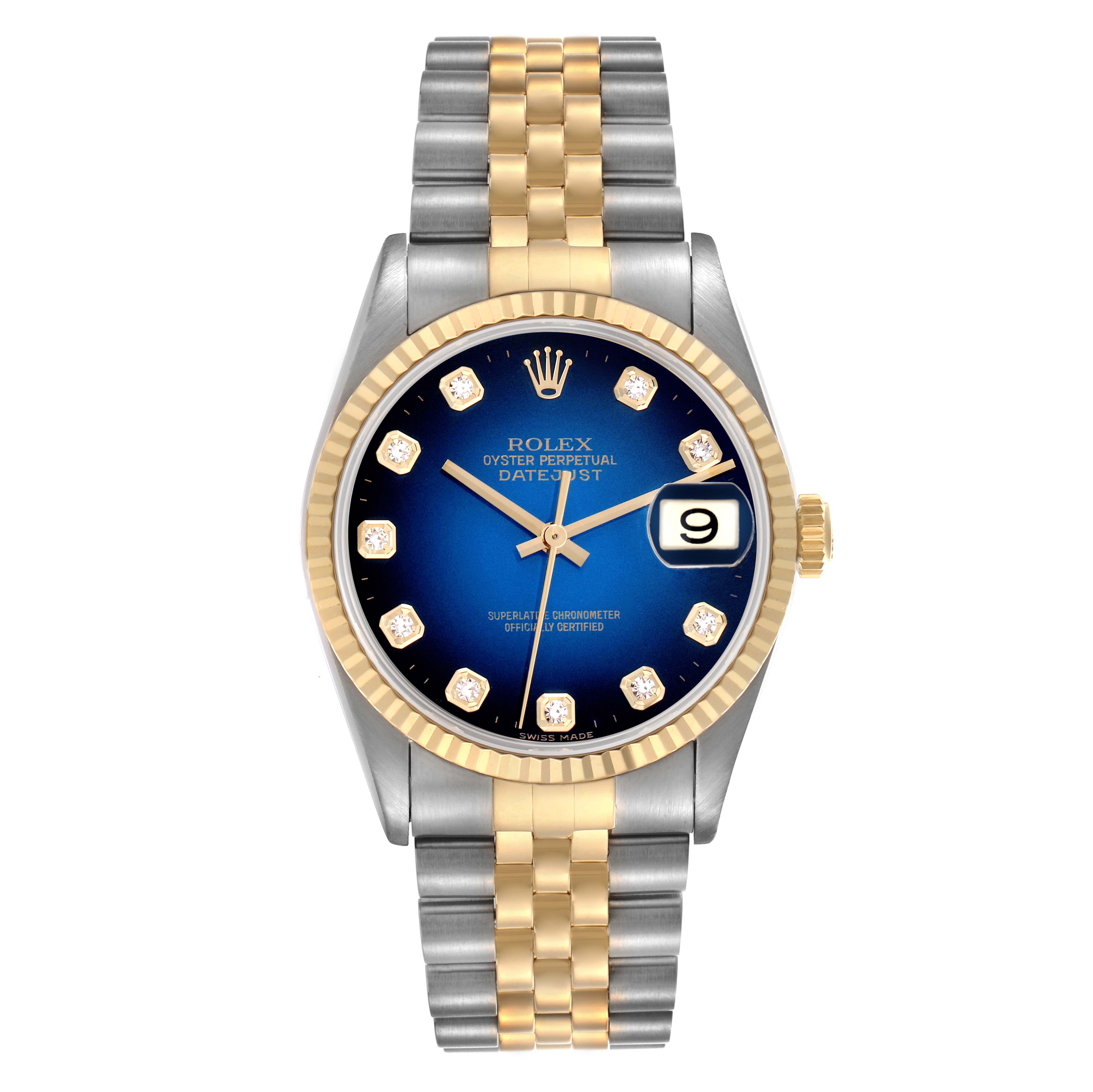 The Rolex Datejust 16233 Men's Steel and Gold (two tone) Blue Dial 16233 Men's Steel and Gold (two tone) Blue Dial watch is shown from a top view, highlighting the blue dial, diamond hour markers, gold bezel, and two-tone bracelet.