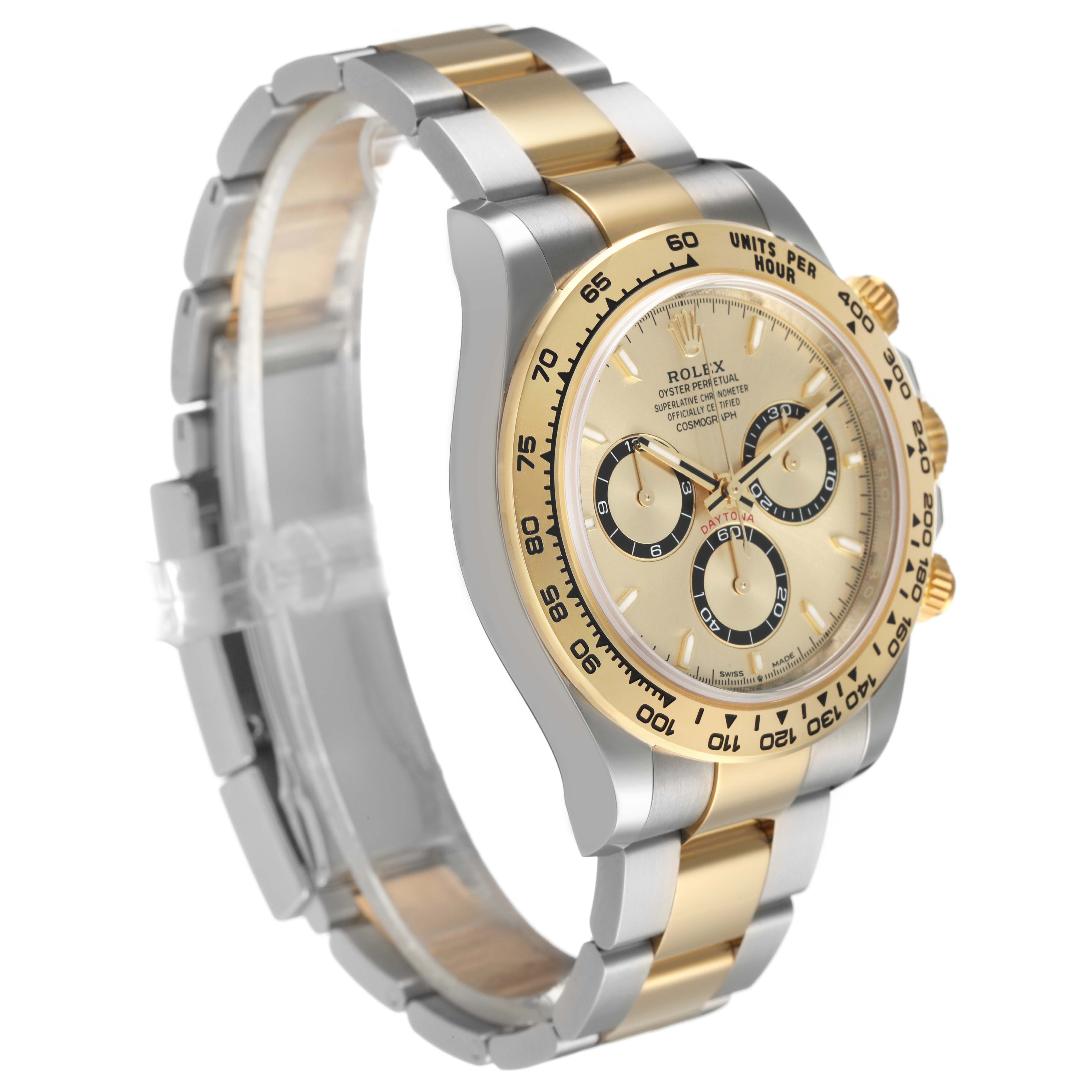 The Rolex Daytona 126503 Men's Steel and Gold (two tone) Champagne Dial watch is shown at a three-quarter angle, highlighting its two-tone band, bezel, and dial with subdials.