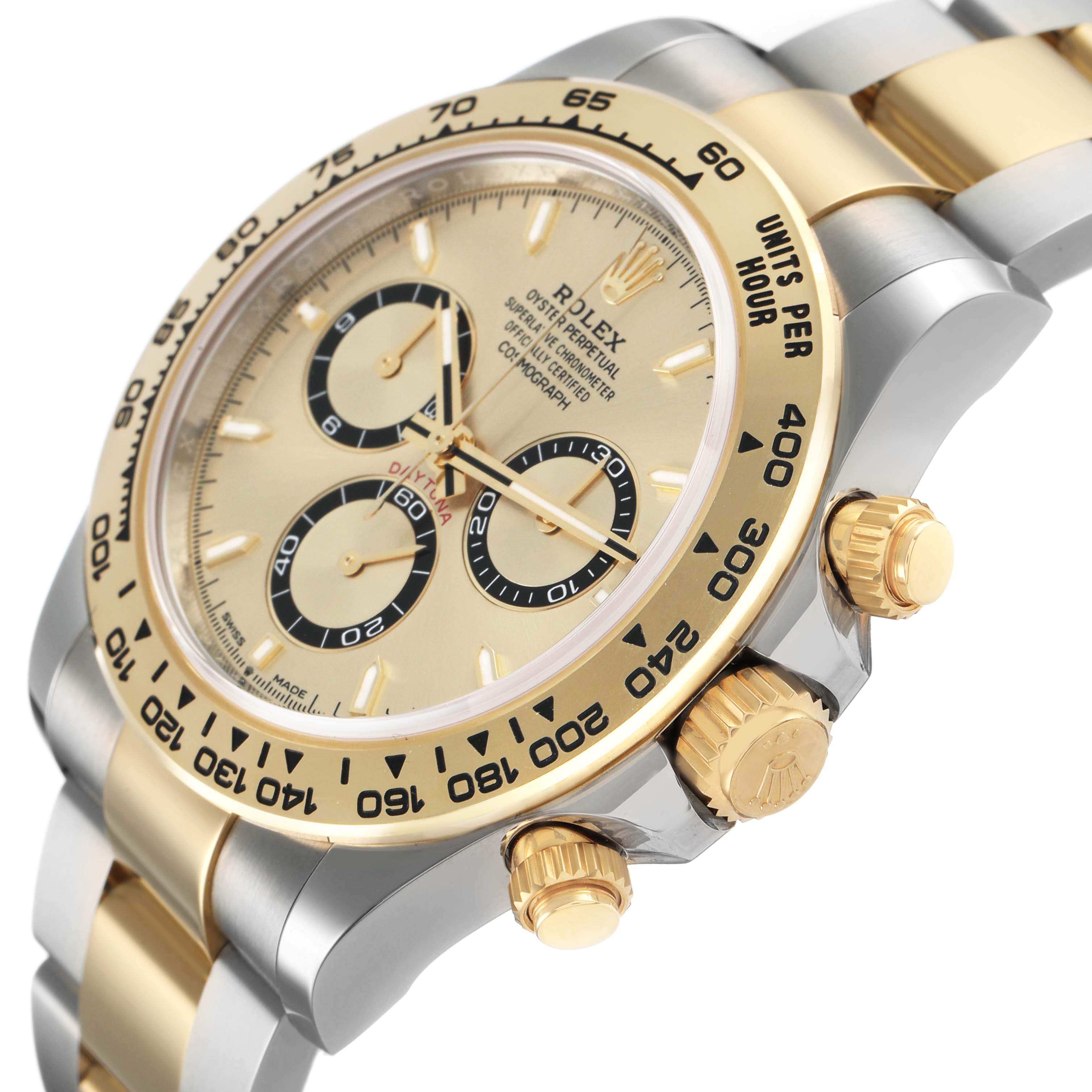 The Rolex Daytona 126503 Men's Steel and Gold (two tone) Champagne Dial watch is shown from a side angle highlighting the gold bezel, crown, and chronograph pushers.