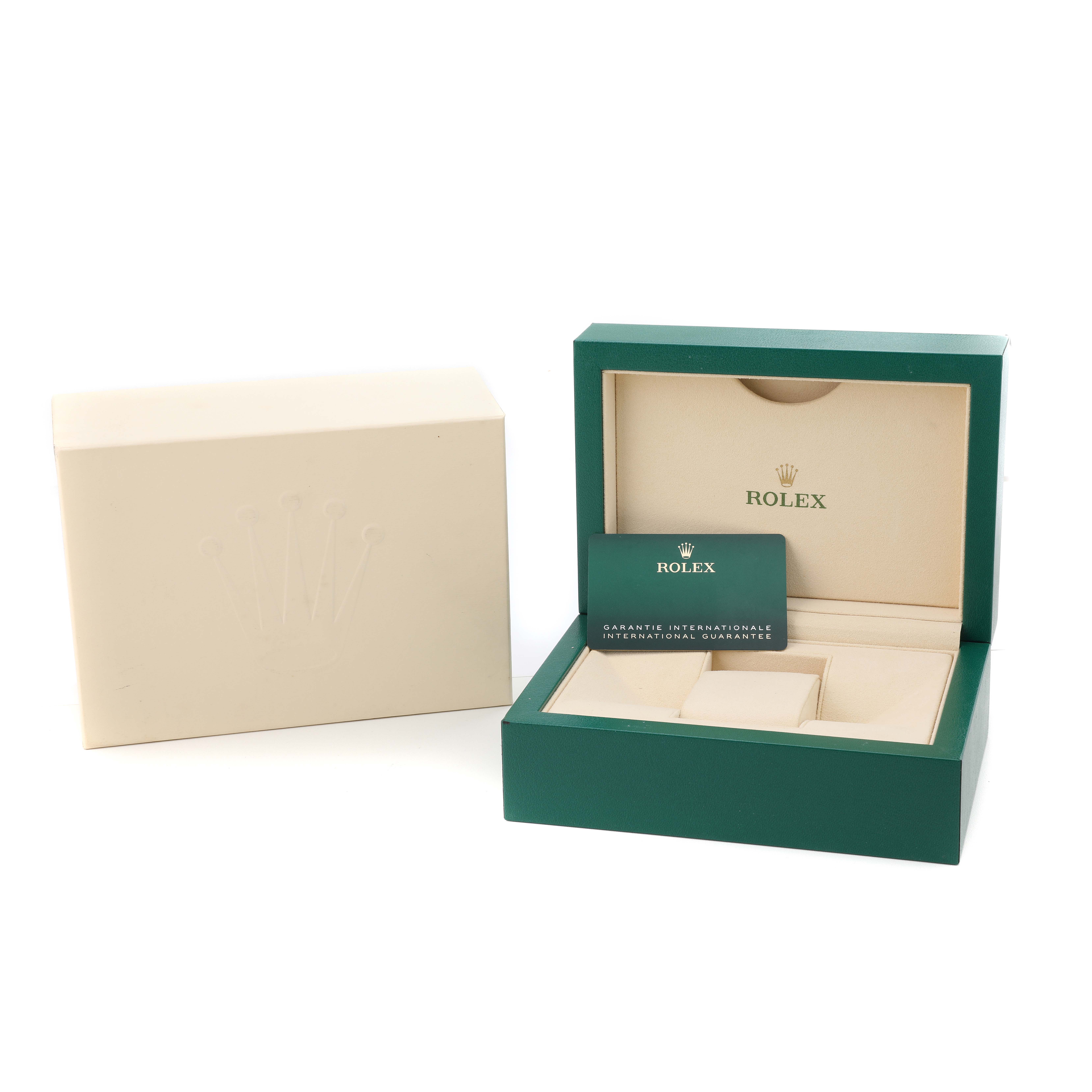 The image shows the packaging for a Rolex Daytona 126503 Men's Steel and Gold (two tone) Champagne Dial, including a green box and warranty card, viewed from the front.