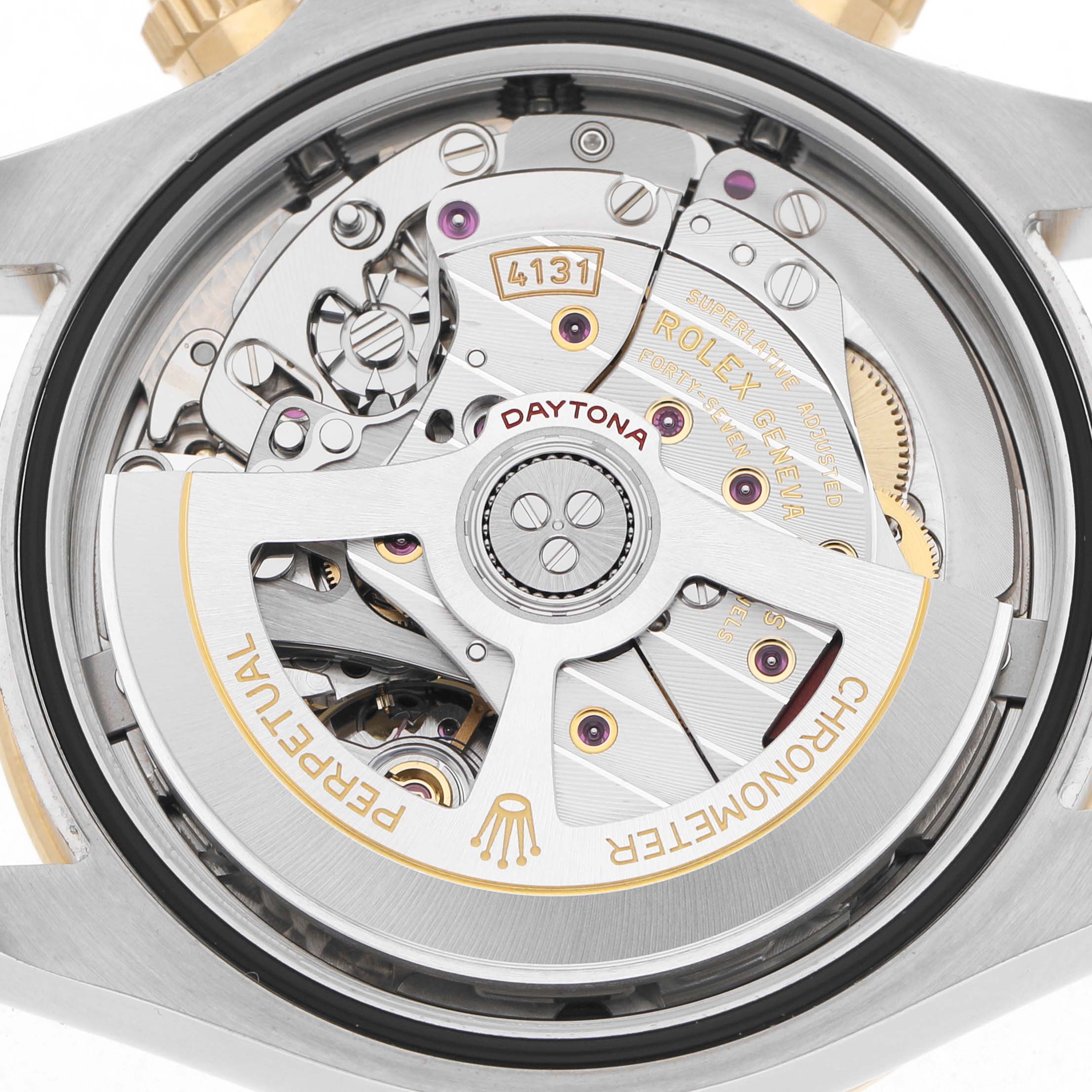 The image shows the back view of a Rolex Daytona 126503 Men's Steel and Gold (two tone) Champagne Dial, highlighting its movement and rotor with "Daytona" branding.