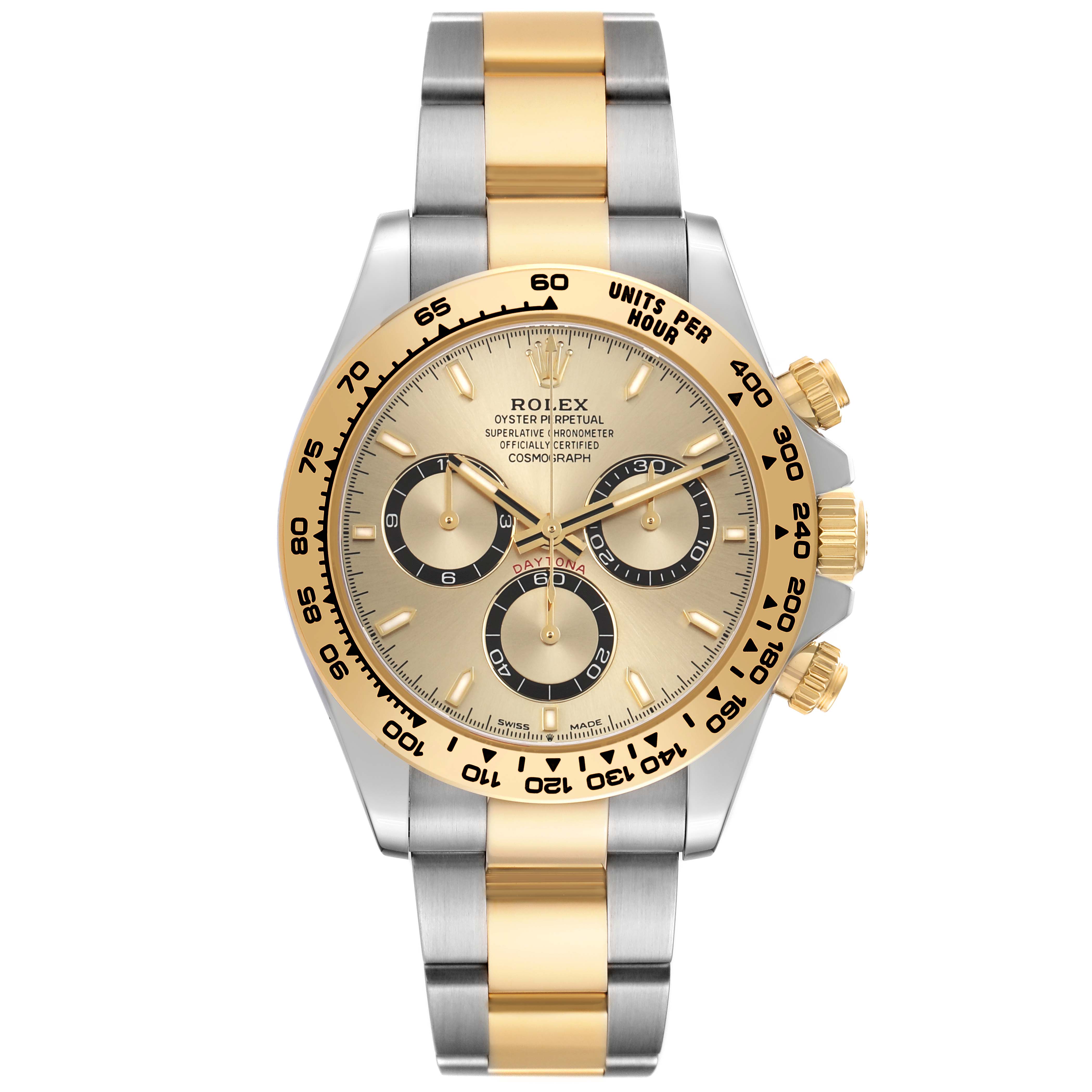 The Rolex Daytona 126503 Men's Steel and Gold (two tone) Champagne Dial watch is shown front-facing, highlighting its gold bezel, chronograph dials, and two-tone bracelet.