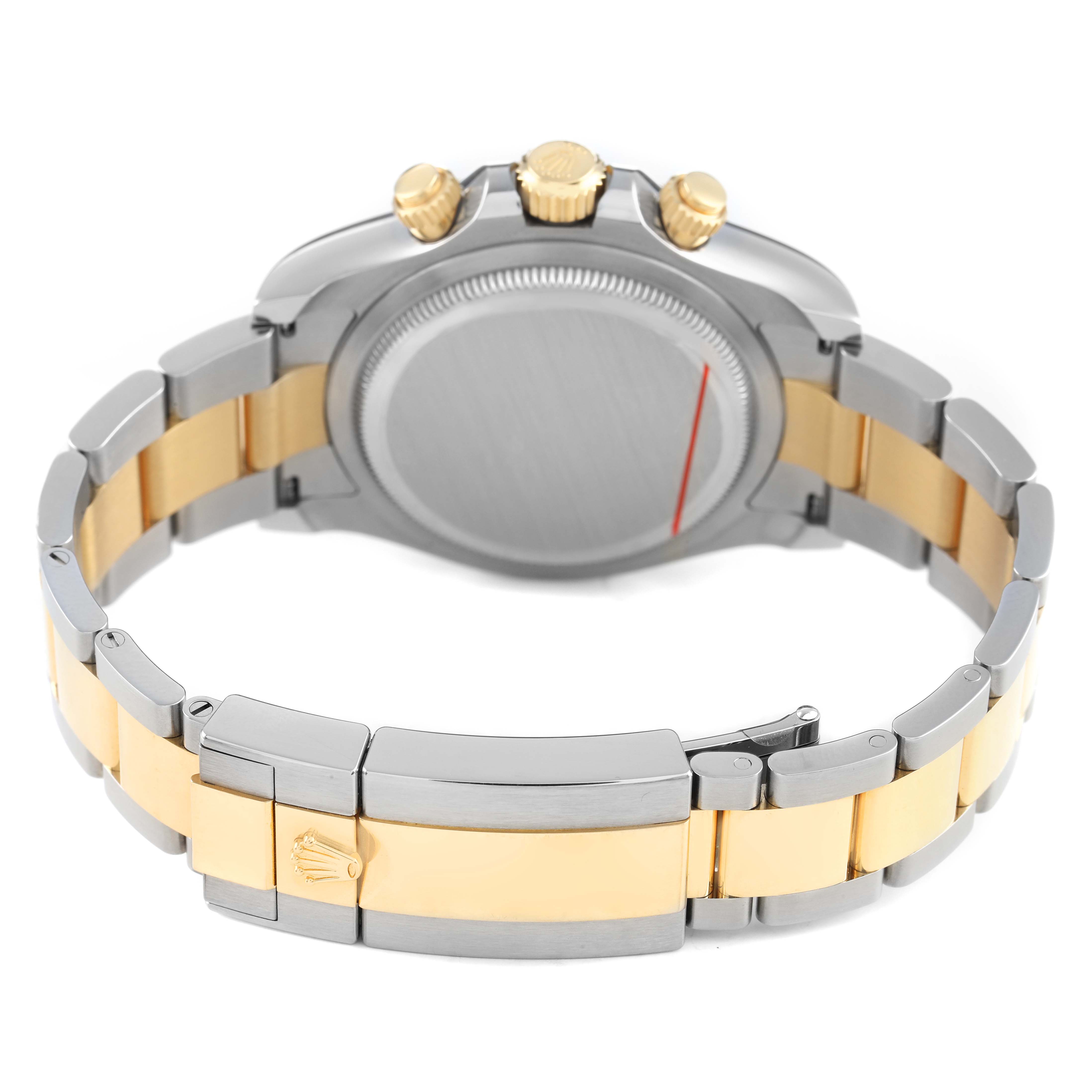 The image shows the back of a Rolex Daytona 126503 Men's Steel and Gold (two tone) Champagne Dial watch, highlighting the bracelet, clasp, and crown from a rear angle.