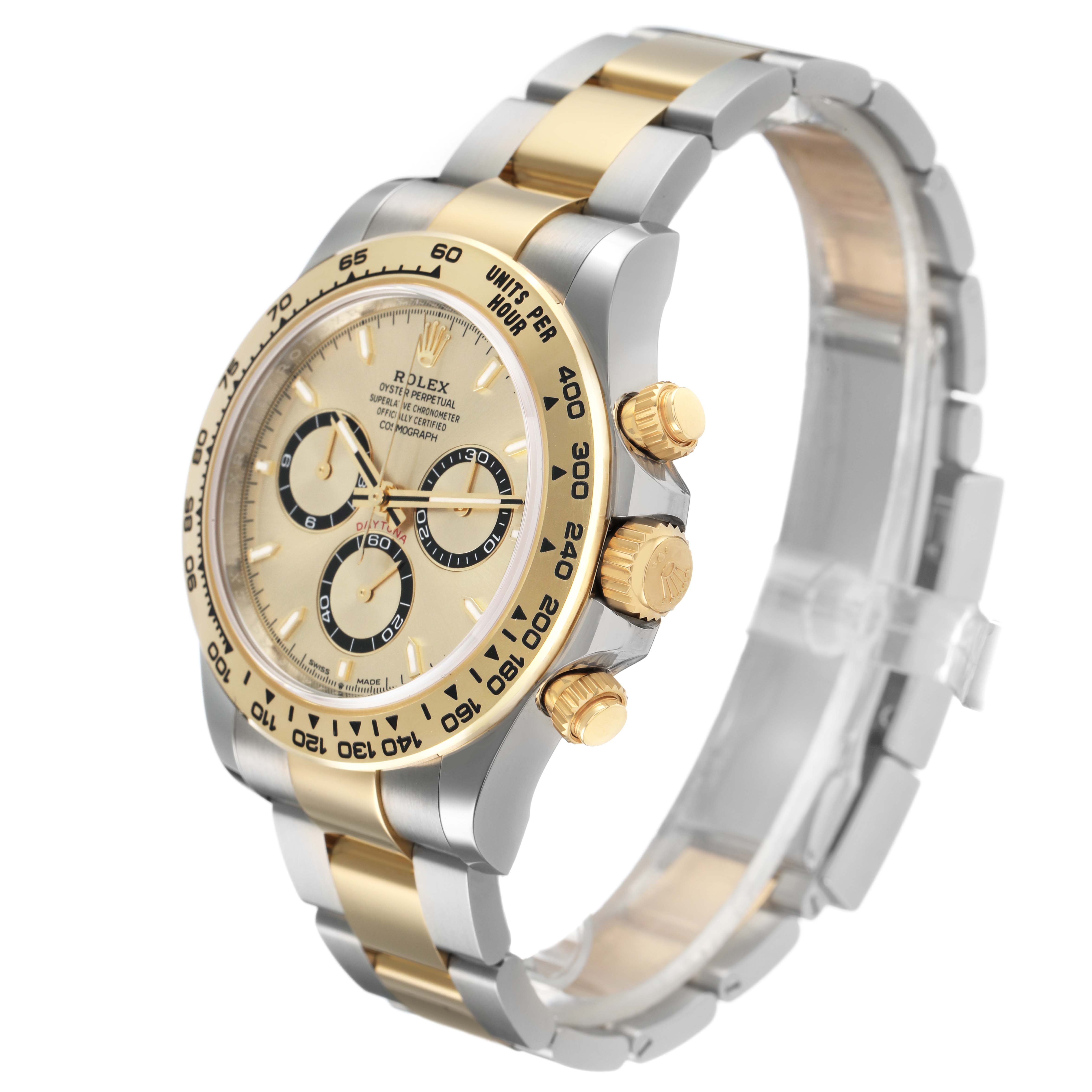 The Rolex Daytona 126503 Men's Steel and Gold (two tone) Champagne Dial watch is shown at a three-quarter angle, displaying the face, bezel, crown, pushers, and part of the bracelet.