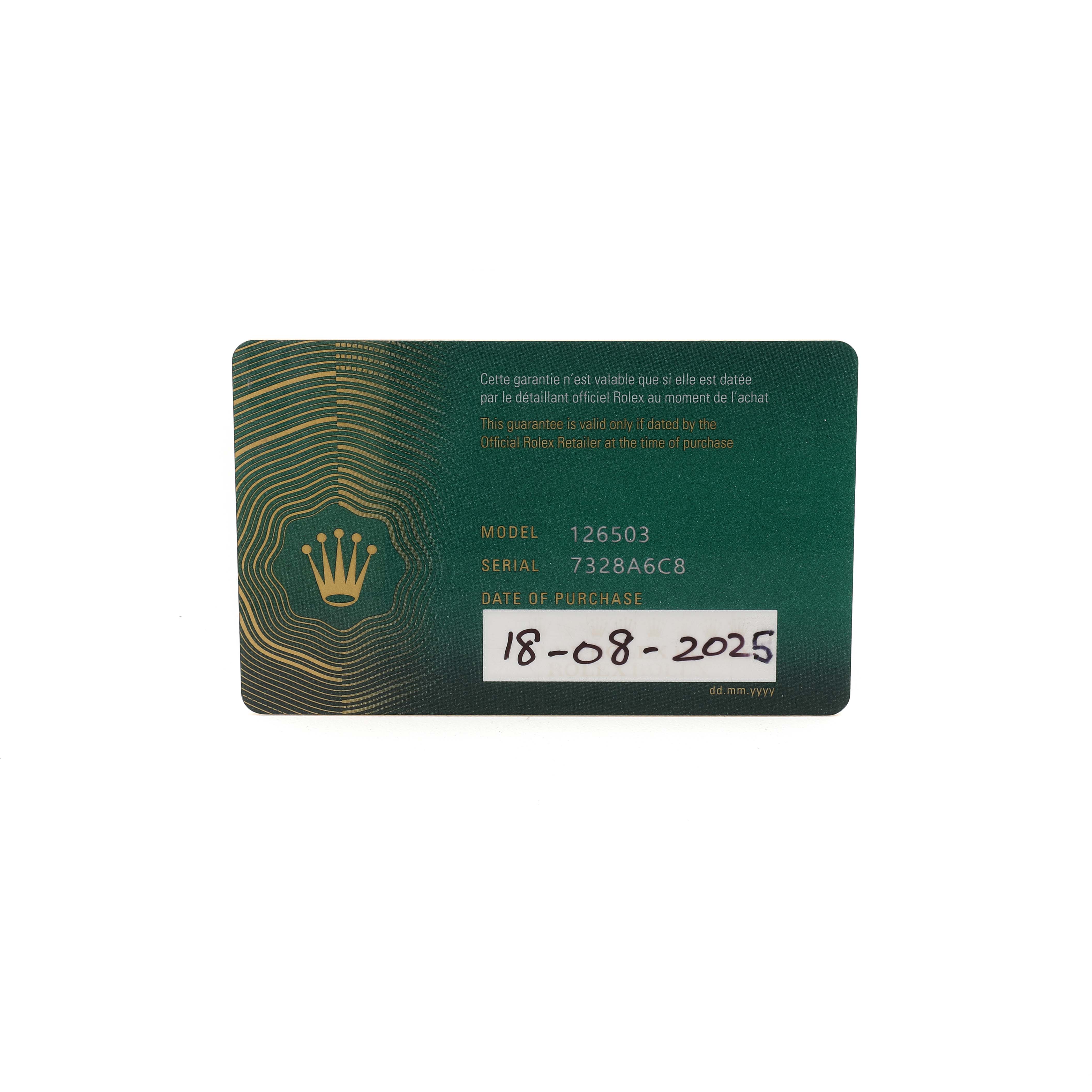 The image shows a warranty card for a Rolex Daytona 126503 Men's Steel and Gold (two tone) Champagne Dial model, featuring the model number, serial number, and purchase date.