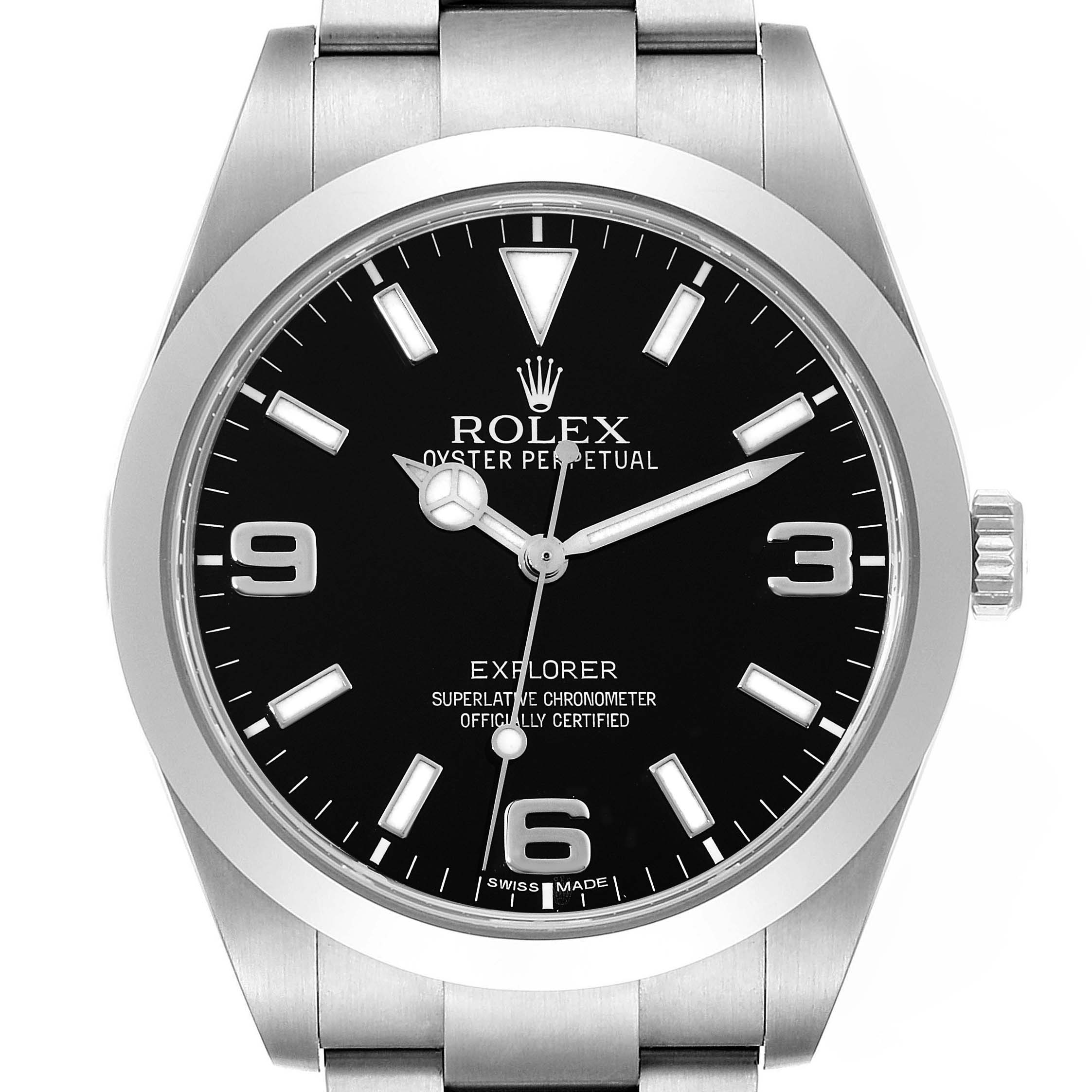 This image depicts a front view of the Rolex Explorer 214270 Men
s Stainless Steel Black Dial 214270 Men
s Stainless Steel Black Dial model, showcasing the dial, hands, and part of the bracelet.