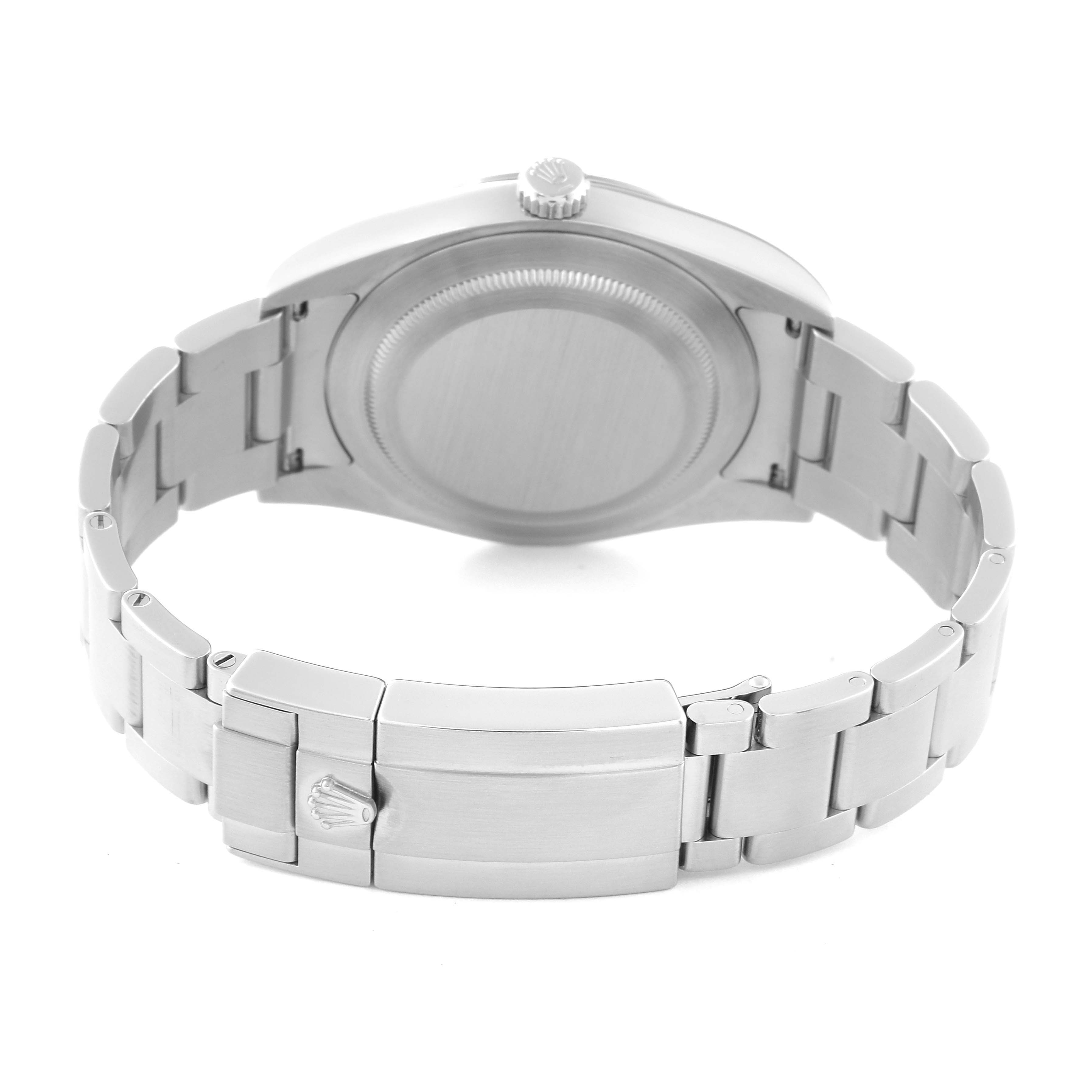 This image shows the back view of the Rolex Explorer 214270 Men
s Stainless Steel Black Dial 214270 Men
s Stainless Steel Black Dial watch, focusing on the case back and the bracelet clasp.