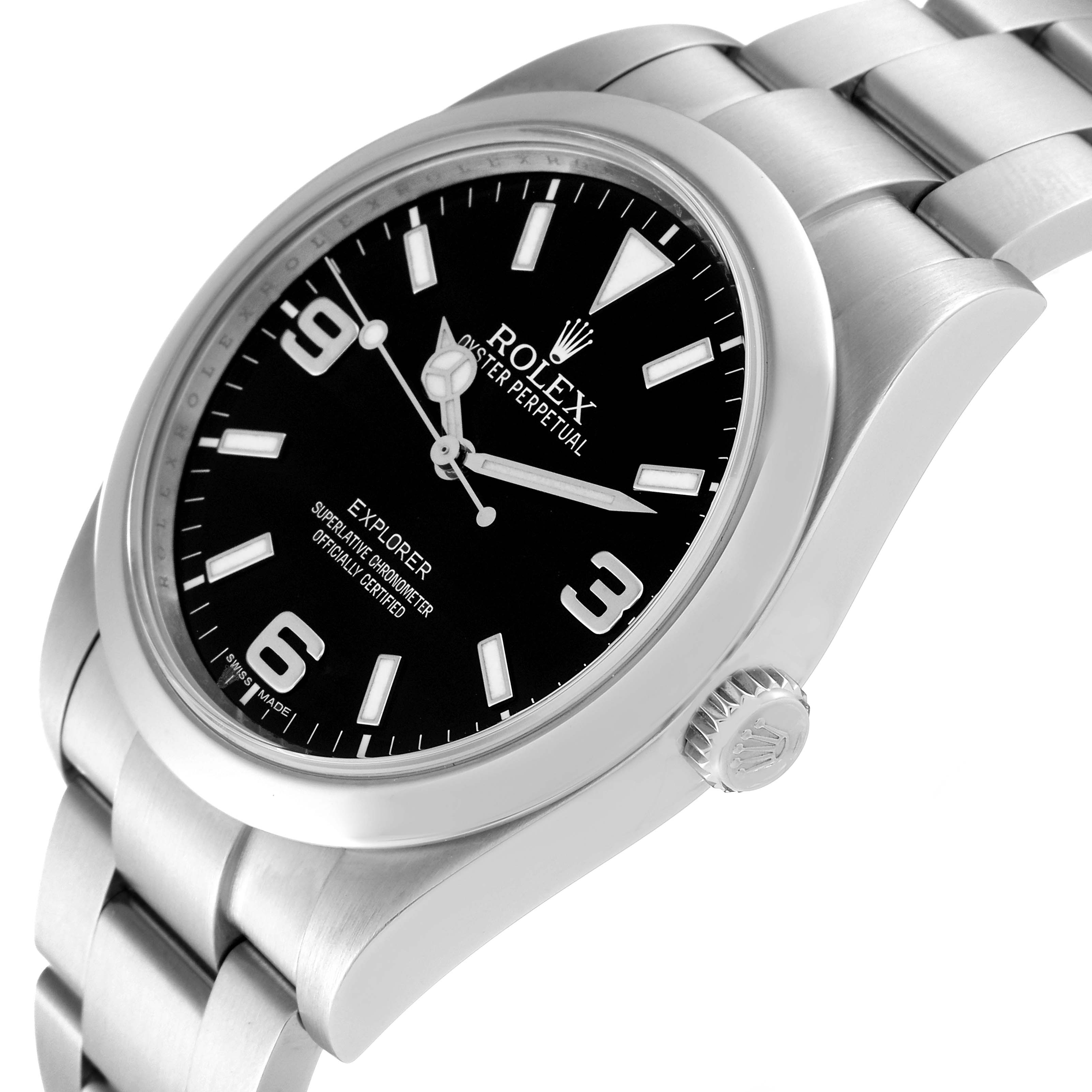 The image shows a close-up angle of the Rolex Explorer 214270 Men
s Stainless Steel Black Dial 214270 Men
s Stainless Steel Black Dial watch with a view of the dial, crown, and part of the bracelet.