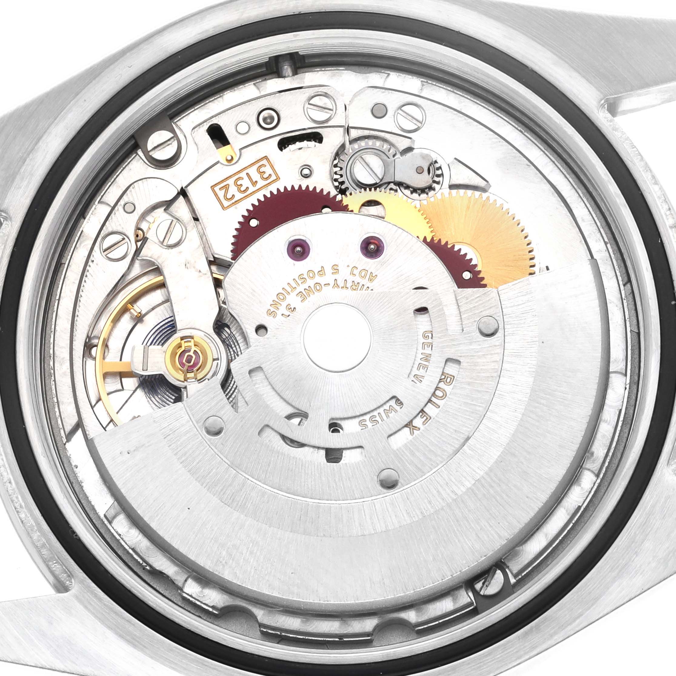 This image shows the internal mechanism and movement of a Rolex Explorer 214270 Men
s Stainless Steel Black Dial 214270 Men
s Stainless Steel Black Dial model watch from a close-up angle.