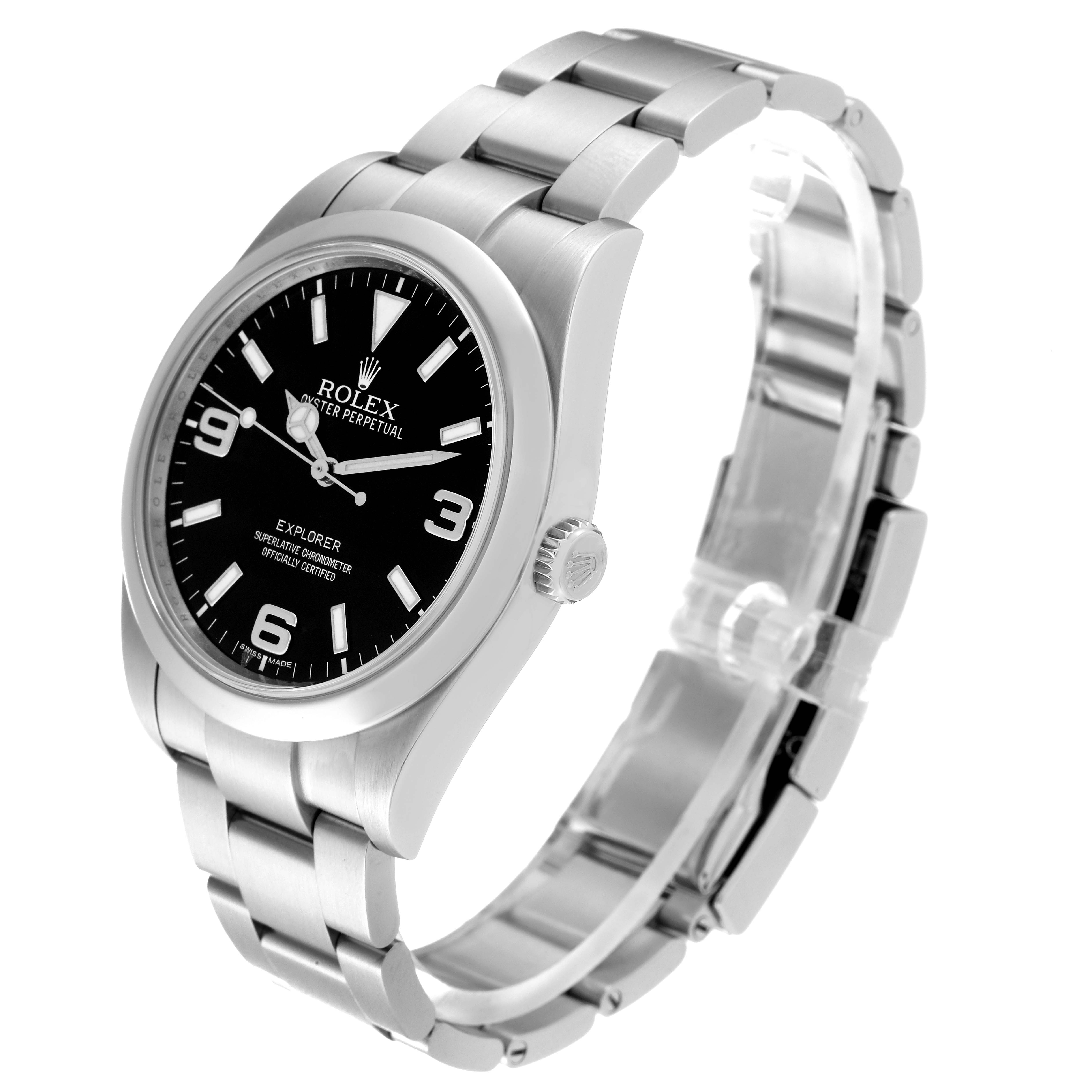 The Rolex Explorer 214270 Men
s Stainless Steel Black Dial 214270 Men
s Stainless Steel Black Dial watch is shown at a slight side angle, highlighting its black dial, case, crown, and metal bracelet.