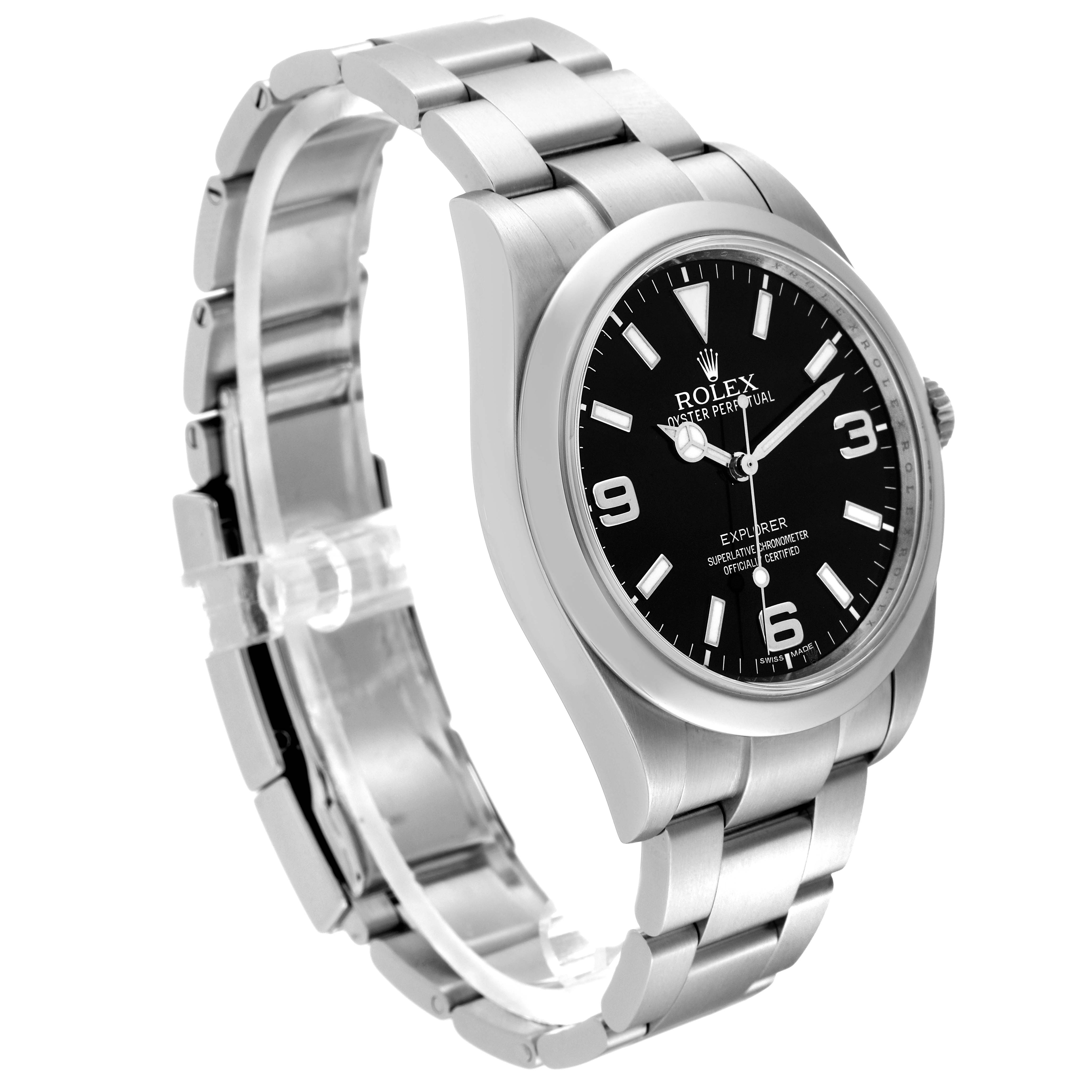 The image shows a side angle of the Rolex Explorer 214270 Men
s Stainless Steel Black Dial 214270 Men
s Stainless Steel Black Dial watch, showcasing the dial, bezel, case, and bracelet.