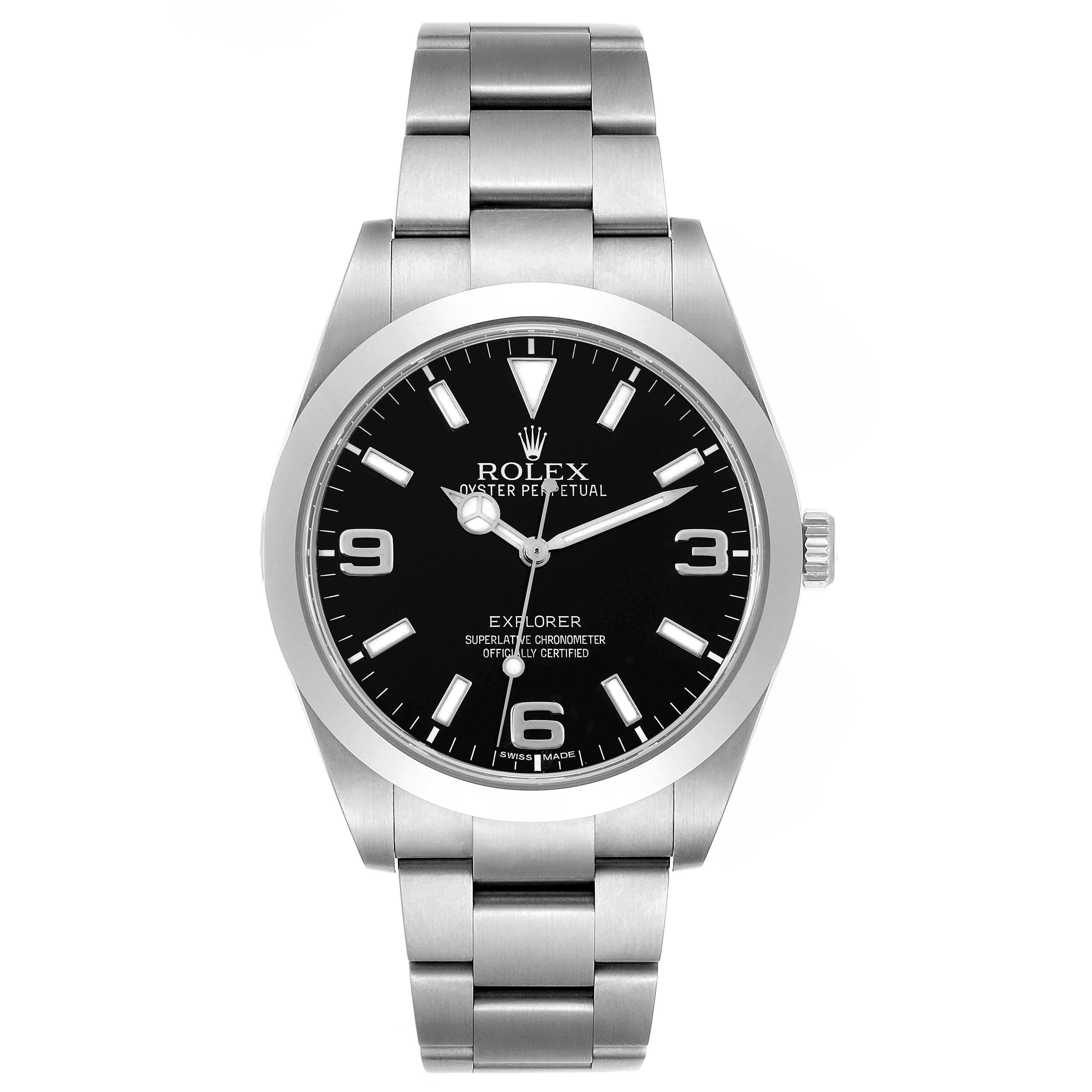 This is a Rolex Explorer 214270 Men
s Stainless Steel Black Dial 214270 Men
s Stainless Steel Black Dial watch shown from the front, displaying its dial, bezel, case, bracelet, and crown.