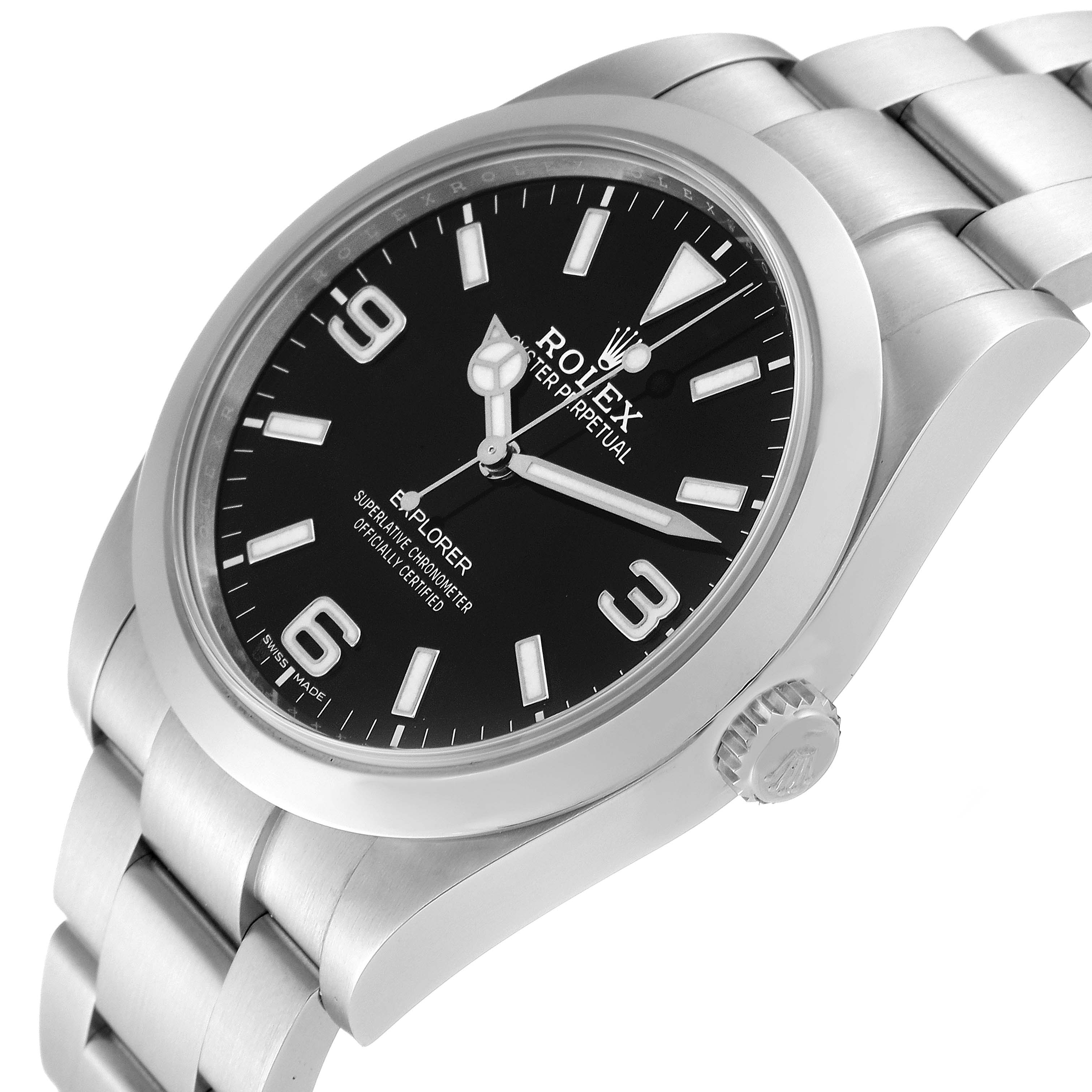 The Rolex Explorer 214270 Men
s Stainless Steel Black Dial 214270 Men
s Stainless Steel Black Dial watch is shown at an oblique angle highlighting its face, bezel, and part of the bracelet.