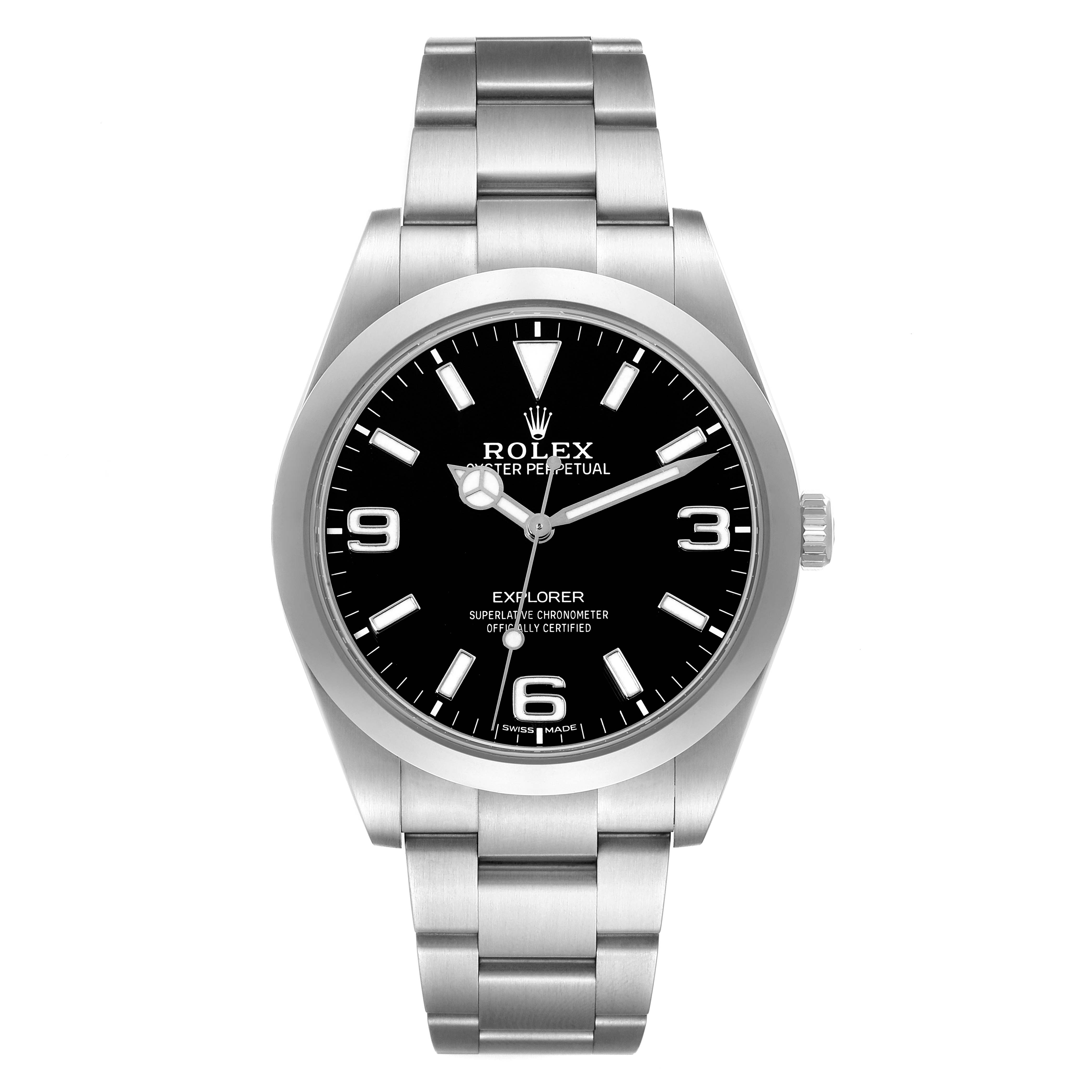 This image shows a front view of a Rolex Explorer 214270 Men
s Stainless Steel Black Dial 214270 Men
s Stainless Steel Black Dial model watch with its dial, hands, case, and bracelet visible.