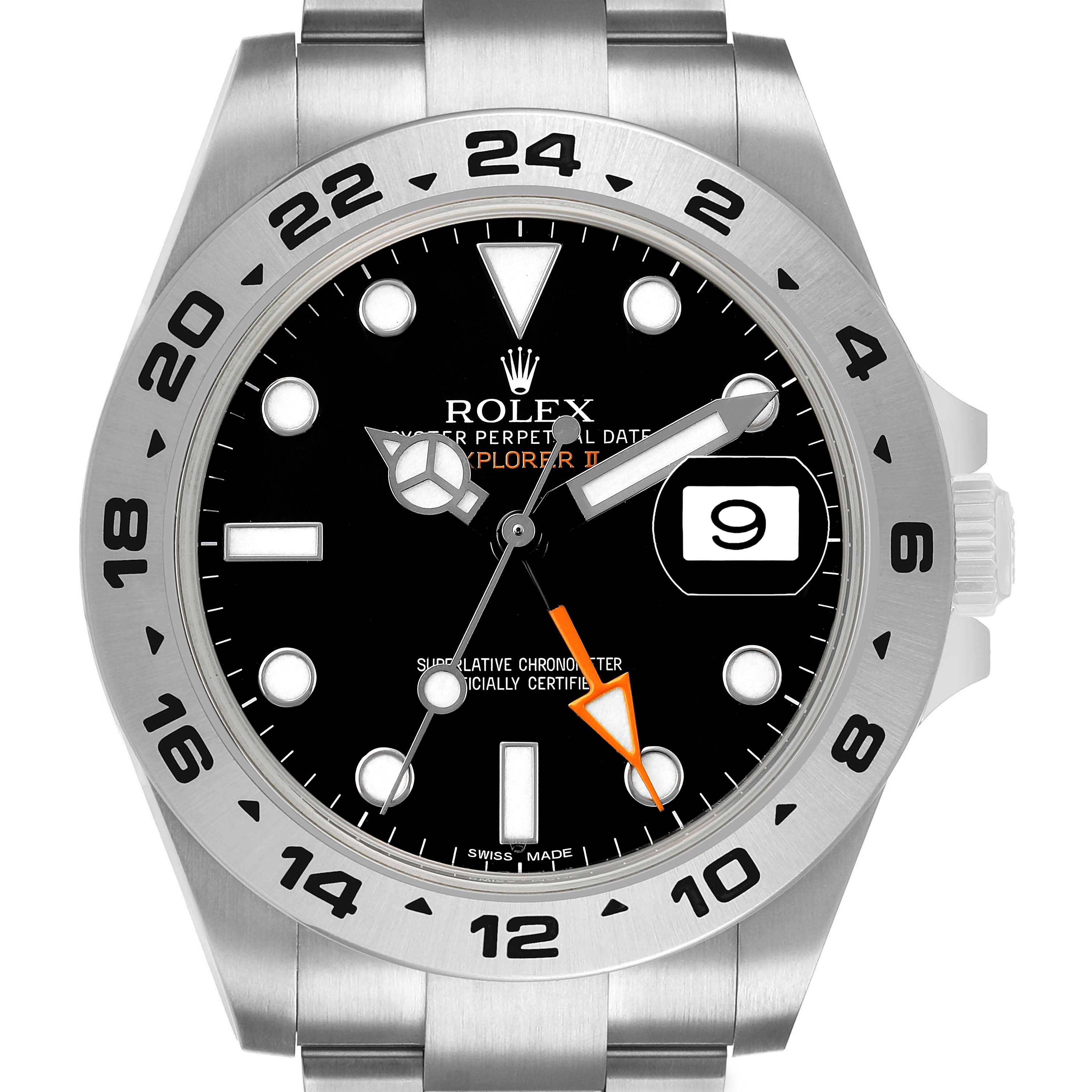 The Rolex Explorer 216570 Men's Stainless Steel Black Dial II watch is shown from the front, displaying its black dial, 24-hour bezel, and date window.