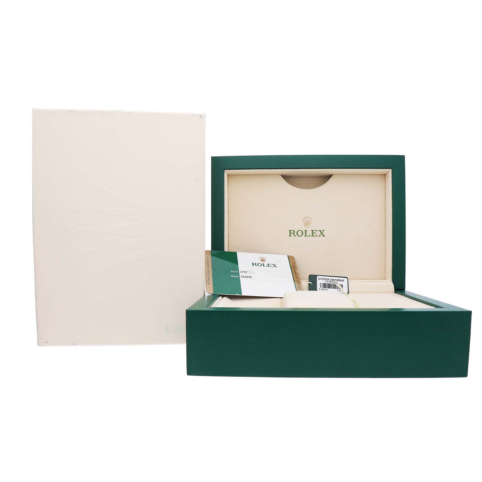 The image shows a Rolex Explorer 216570 Men's Stainless Steel Black Dial watch box at an angle, with warranty cards and official packaging visible.