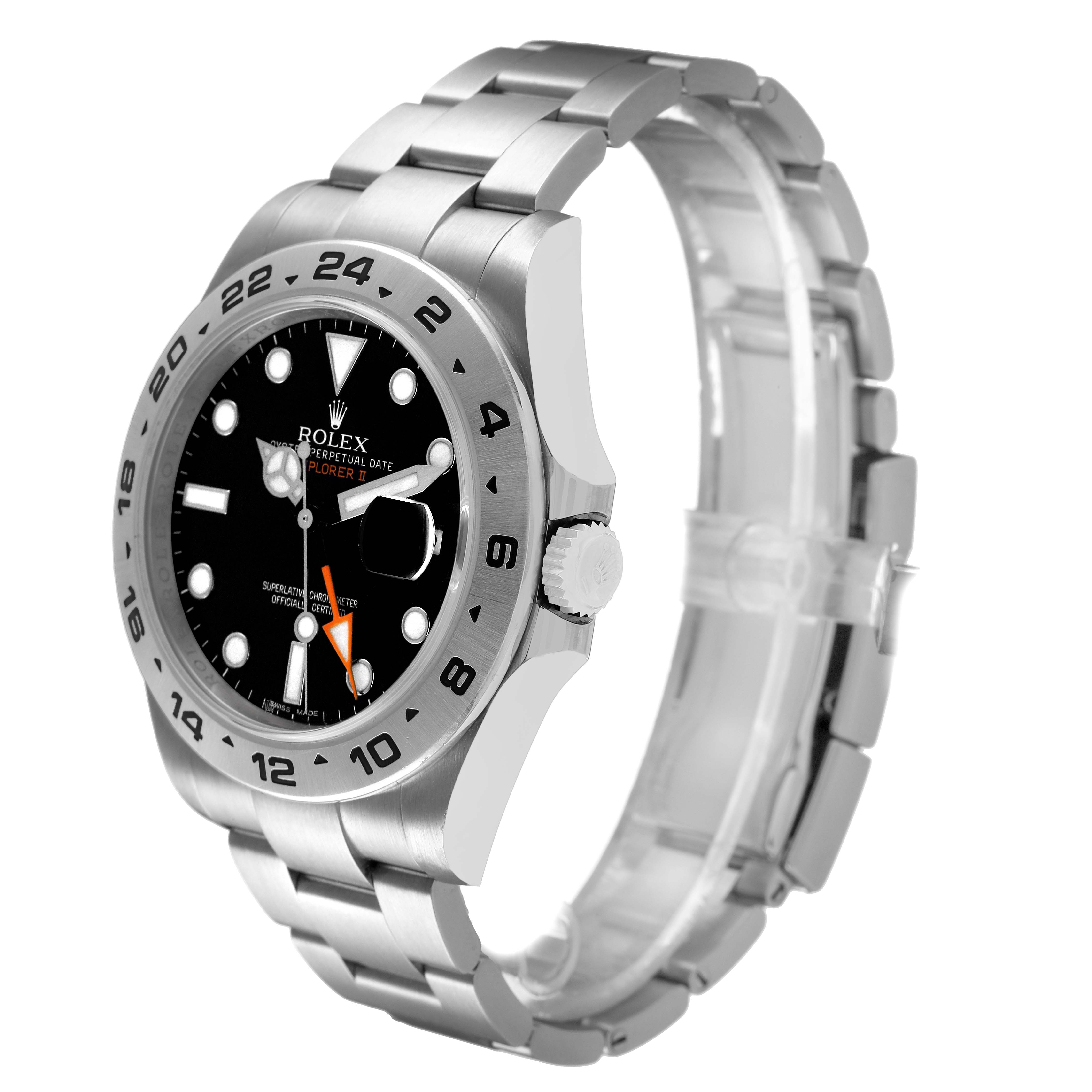 The Rolex Explorer 216570 Men's Stainless Steel Black Dial watch is shown from a three-quarter angle, highlighting its bezel, dial, and stainless steel bracelet.