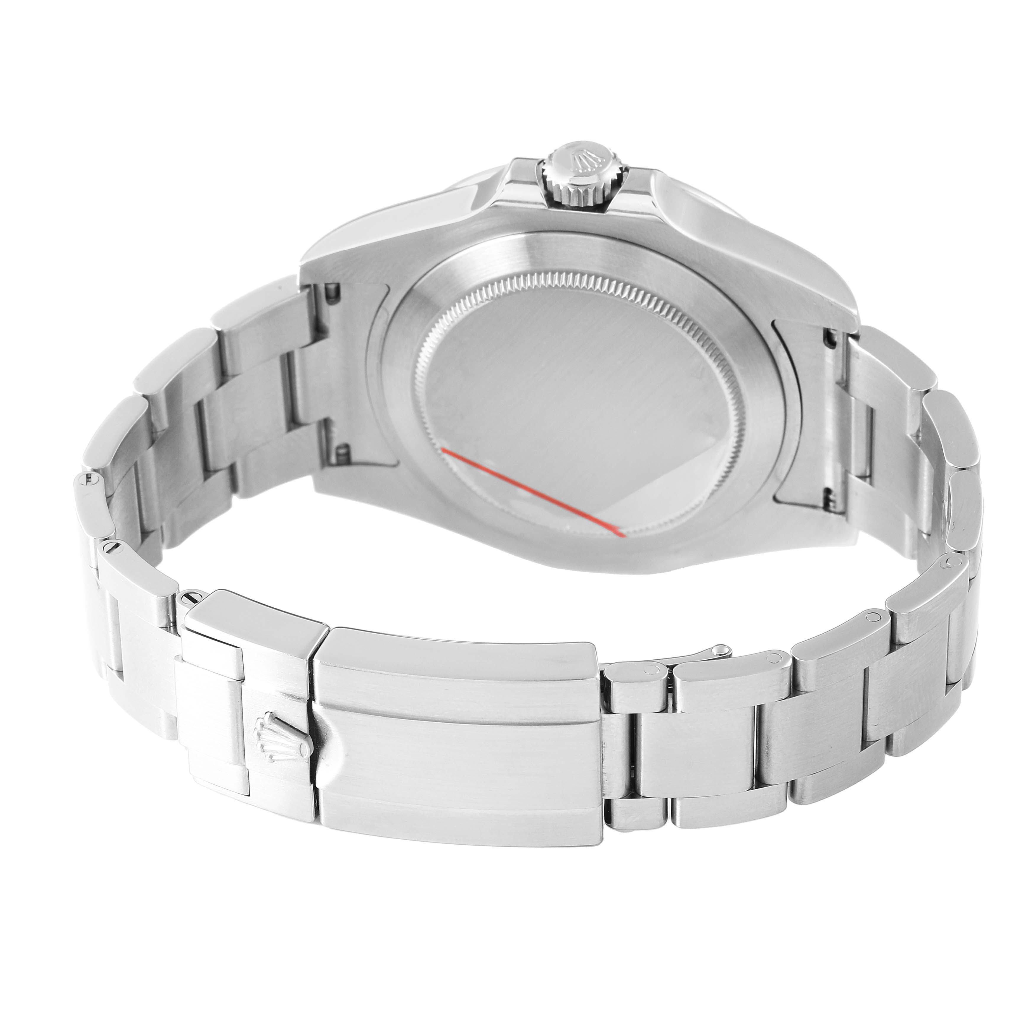 The image shows the back and bracelet of a Rolex Explorer 216570 Men's Stainless Steel Black Dial watch, highlighting the clasp and caseback.