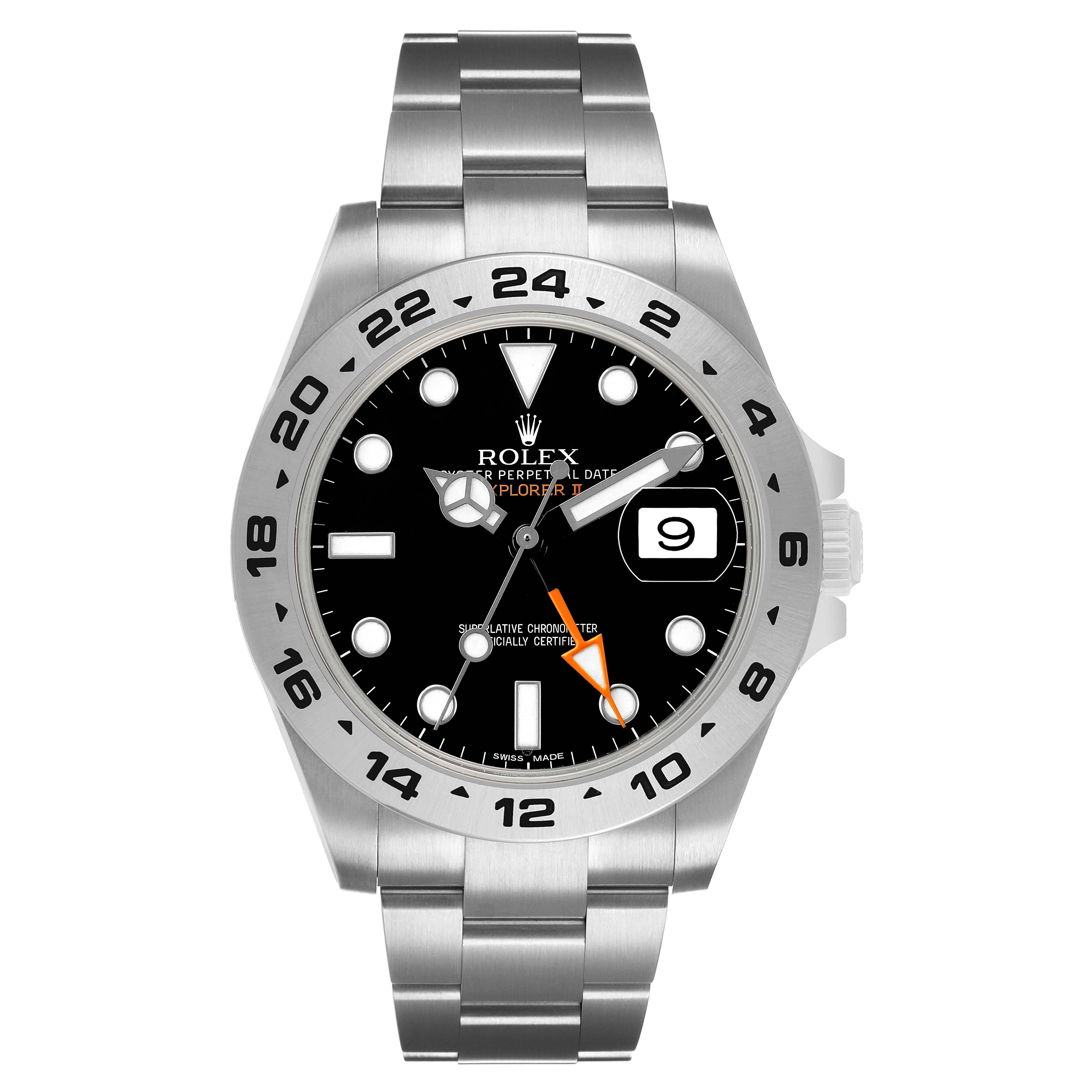 The Rolex Explorer 216570 Men's Stainless Steel Black Dial watch is shown from the front, displaying its face, bezel, and bracelet.