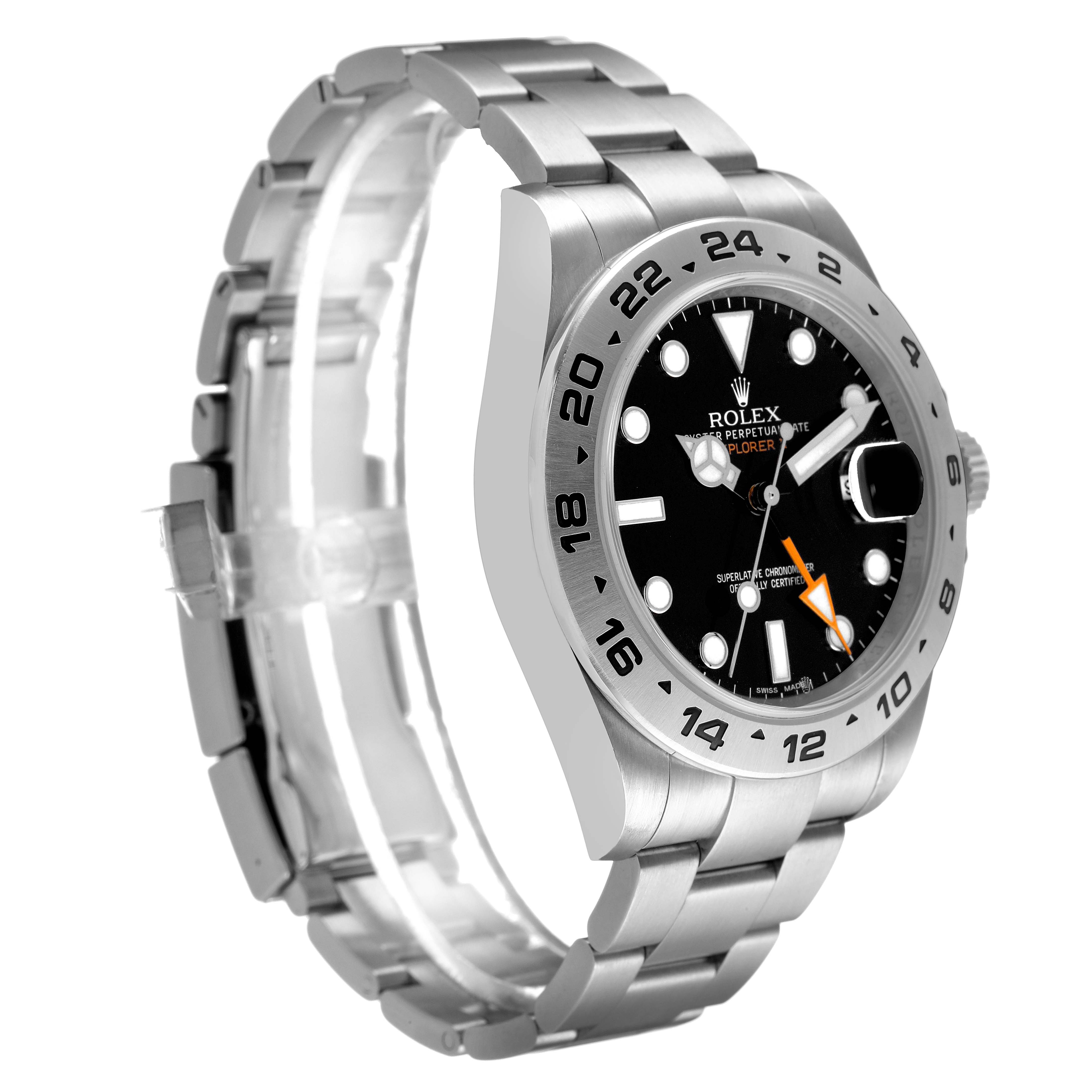 The Rolex Explorer 216570 Men's Stainless Steel Black Dial watch is shown at a three-quarter angle, highlighting the face, bezel, bracelet, and crown.