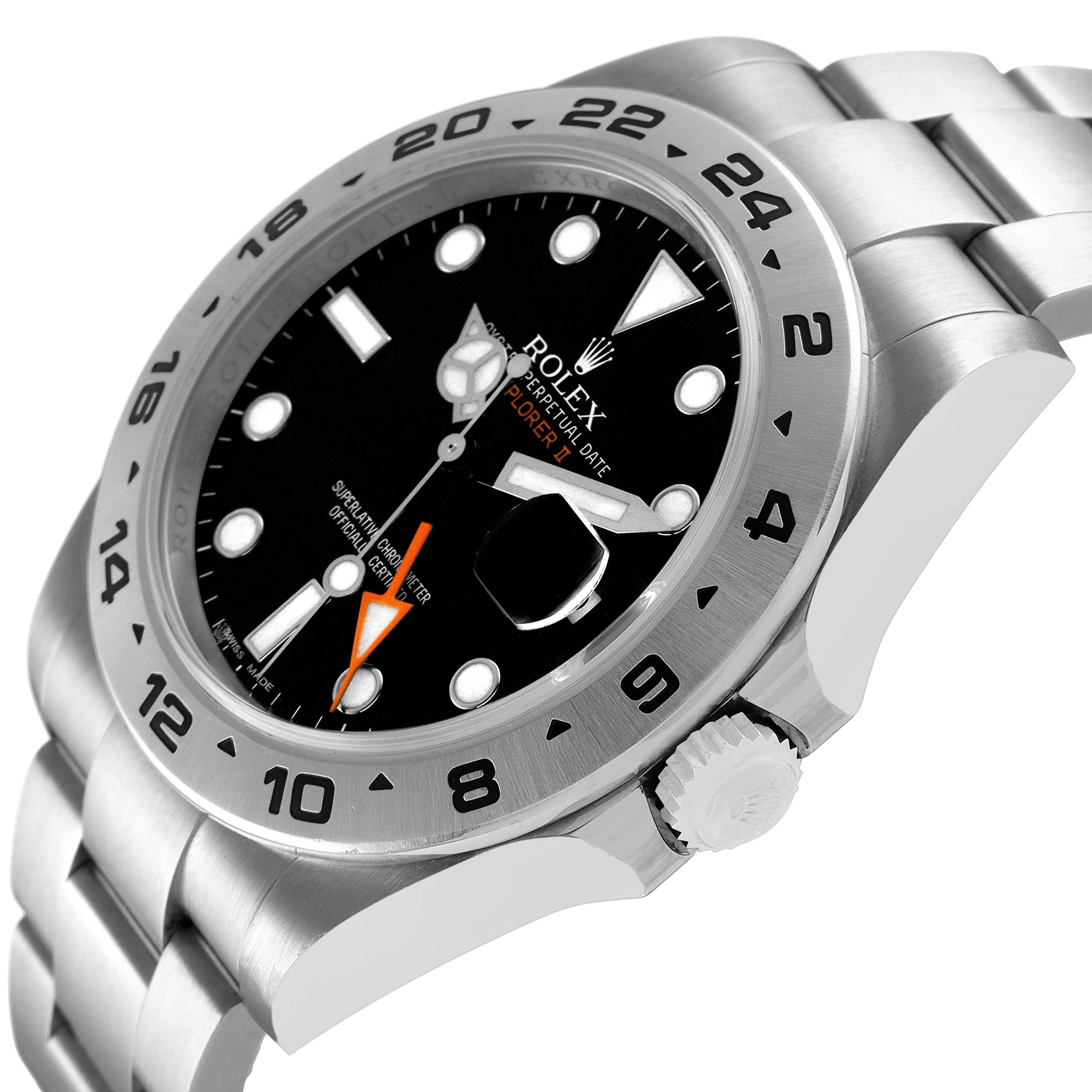 The Rolex Explorer 216570 Men's Stainless Steel Black Dial watch is shown from a side angle highlighting the bezel, dial, crown, and part of the bracelet.