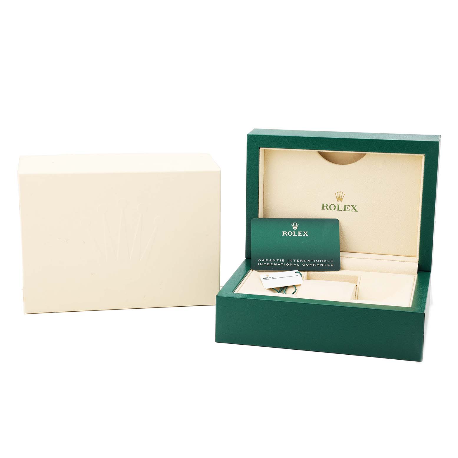 The image shows a Rolex Explorer 226570 Men's Stainless Steel White Dial watch box, open at an angle, revealing the interior with a warranty card and tags.