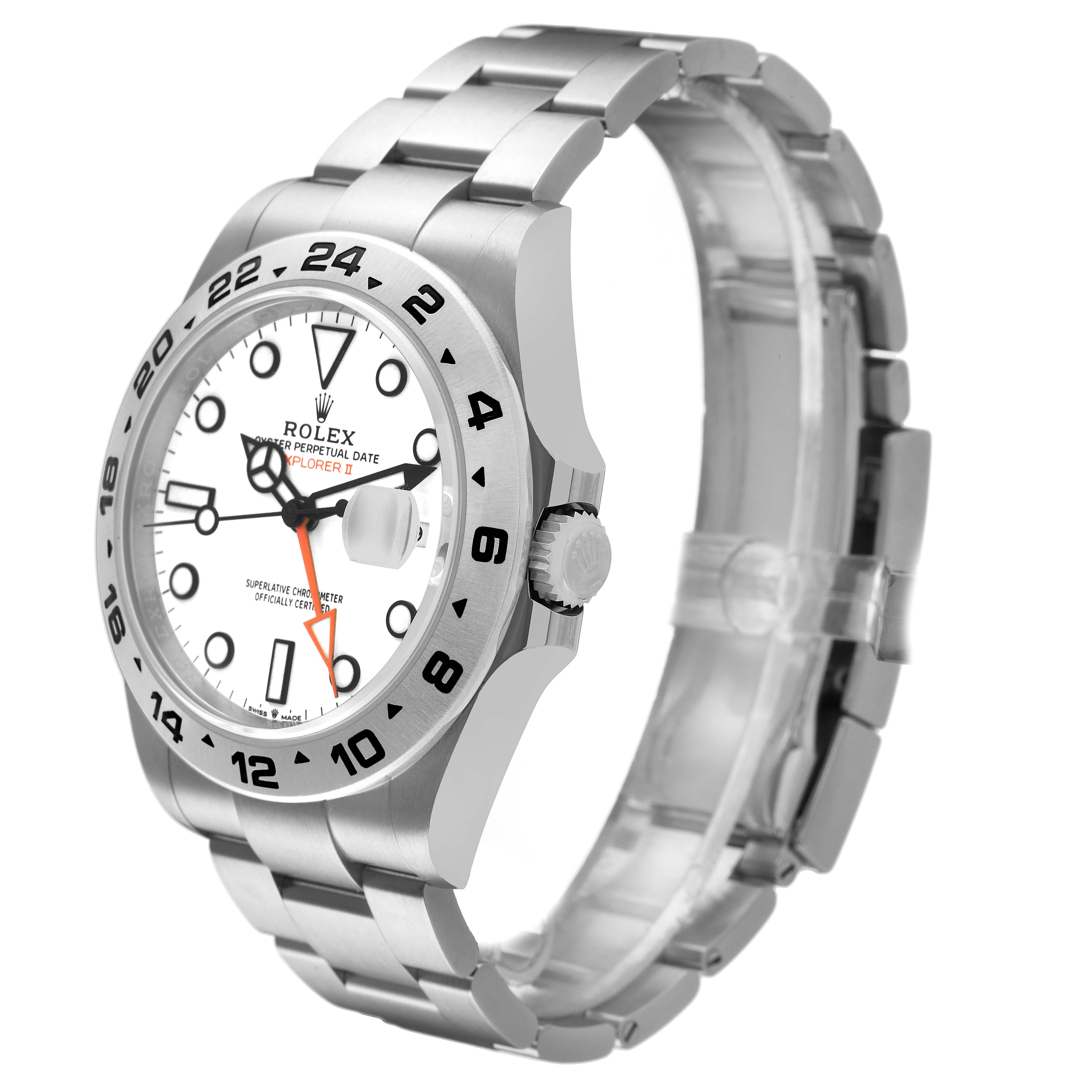 The Rolex Explorer 226570 Men's Stainless Steel White Dial model is shown at a side angle, highlighting the bezel, dial, crown, and metal bracelet.