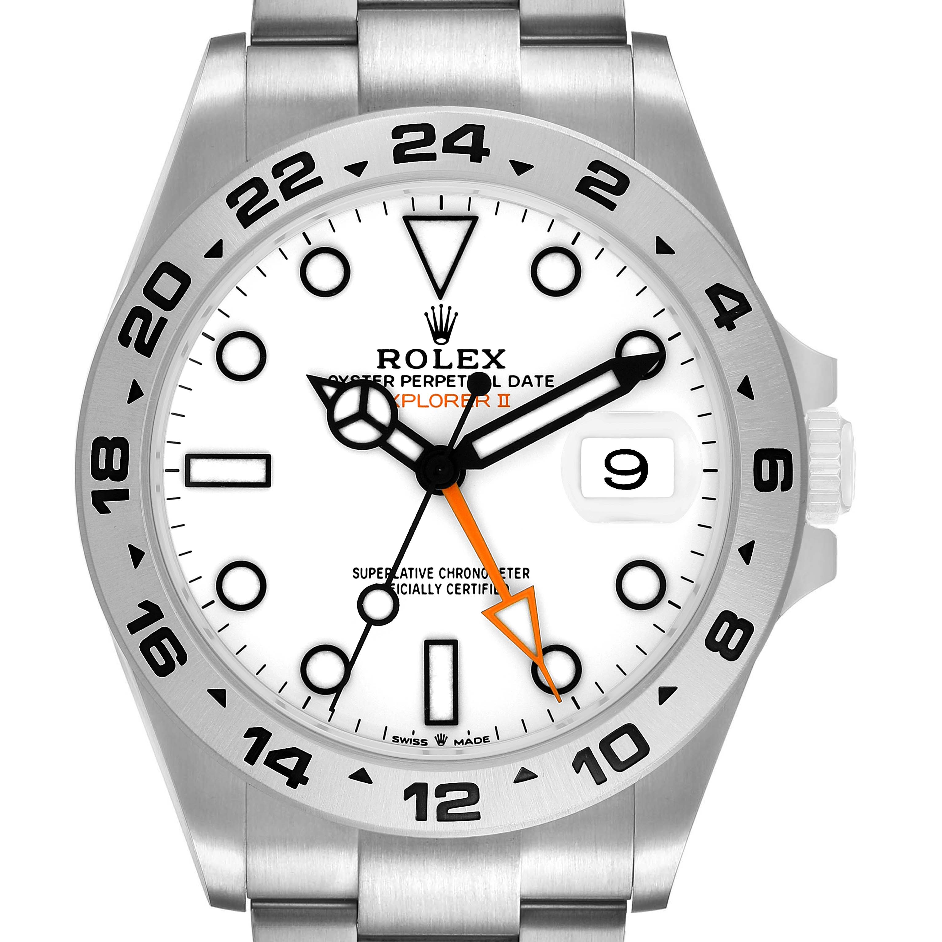 The image shows a front view of the Rolex Explorer 226570 Men's Stainless Steel White Dial II, highlighting the bezel, dial, and stainless steel bracelet.