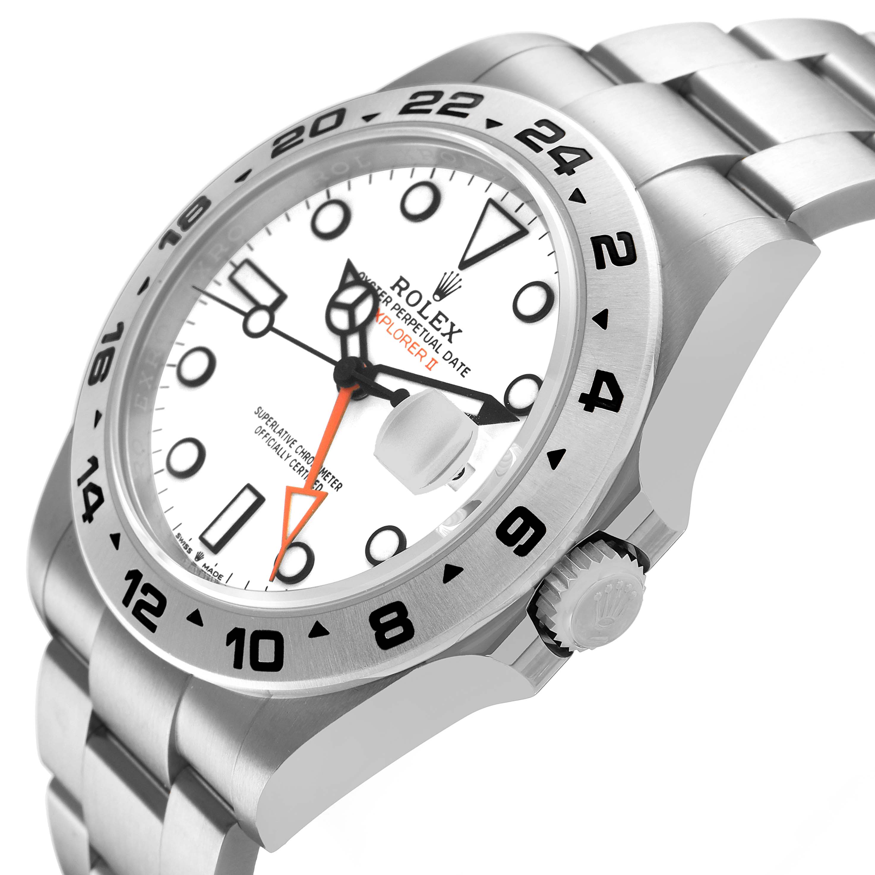The image shows a side angle of the Rolex Explorer 226570 Men's Stainless Steel White Dial II, highlighting the bezel, bracelet, and crown.