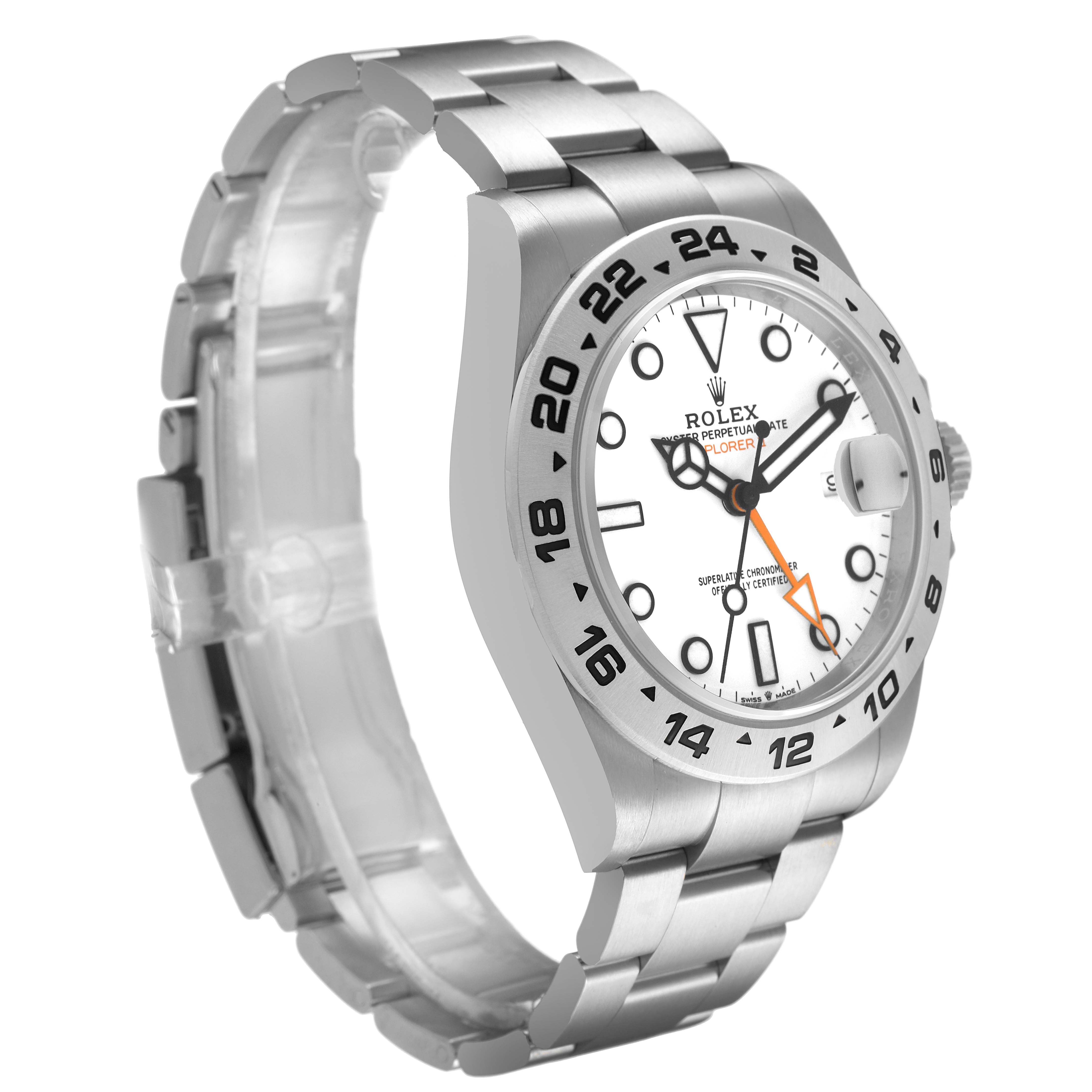 The Rolex Explorer 226570 Men's Stainless Steel White Dial is shown at a three-quarter angle, displaying its face, bezel, and part of the bracelet.