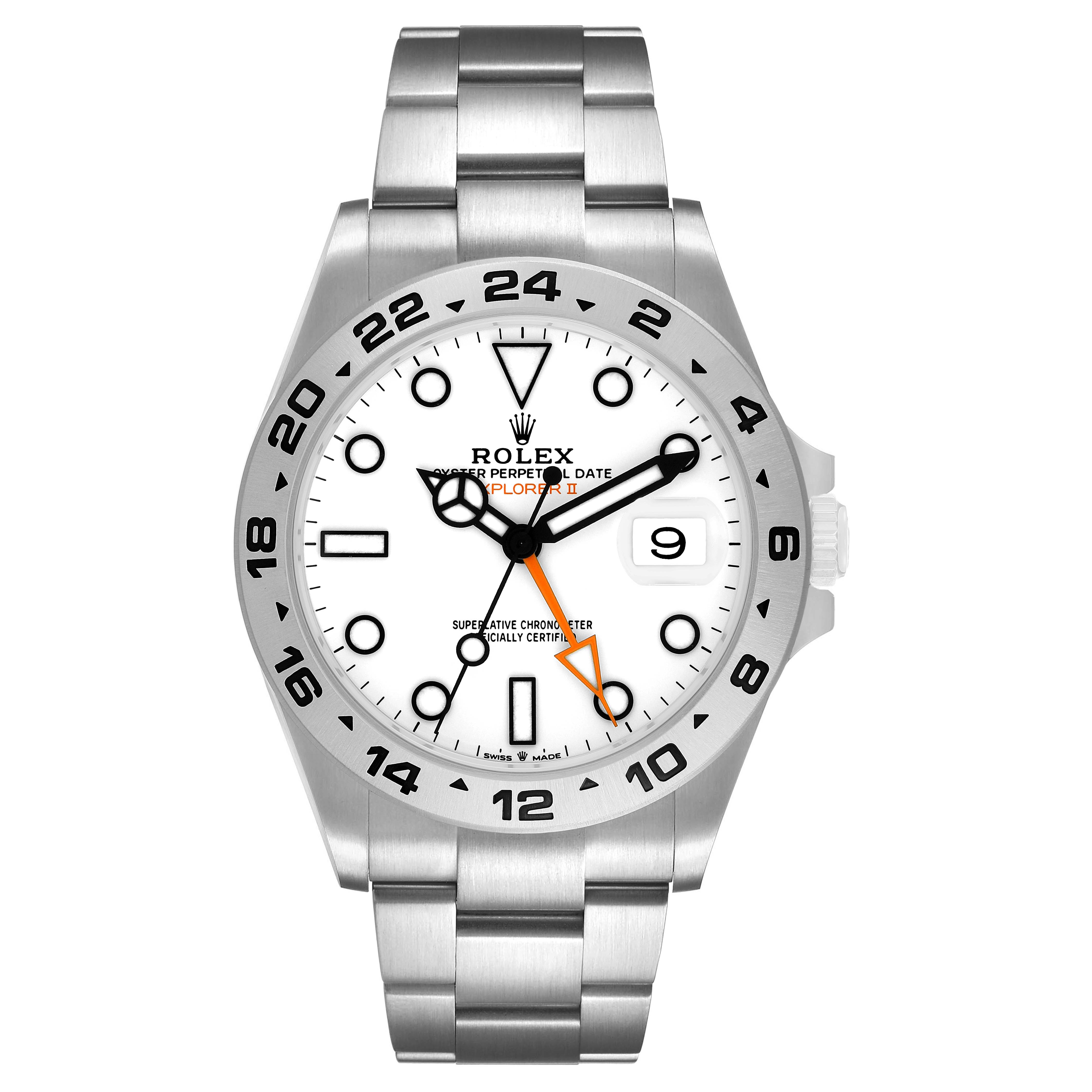 The Rolex Explorer 226570 Men's Stainless Steel White Dial watch is shown from a frontal angle, displaying the face, bezel, bracelet, and crown.