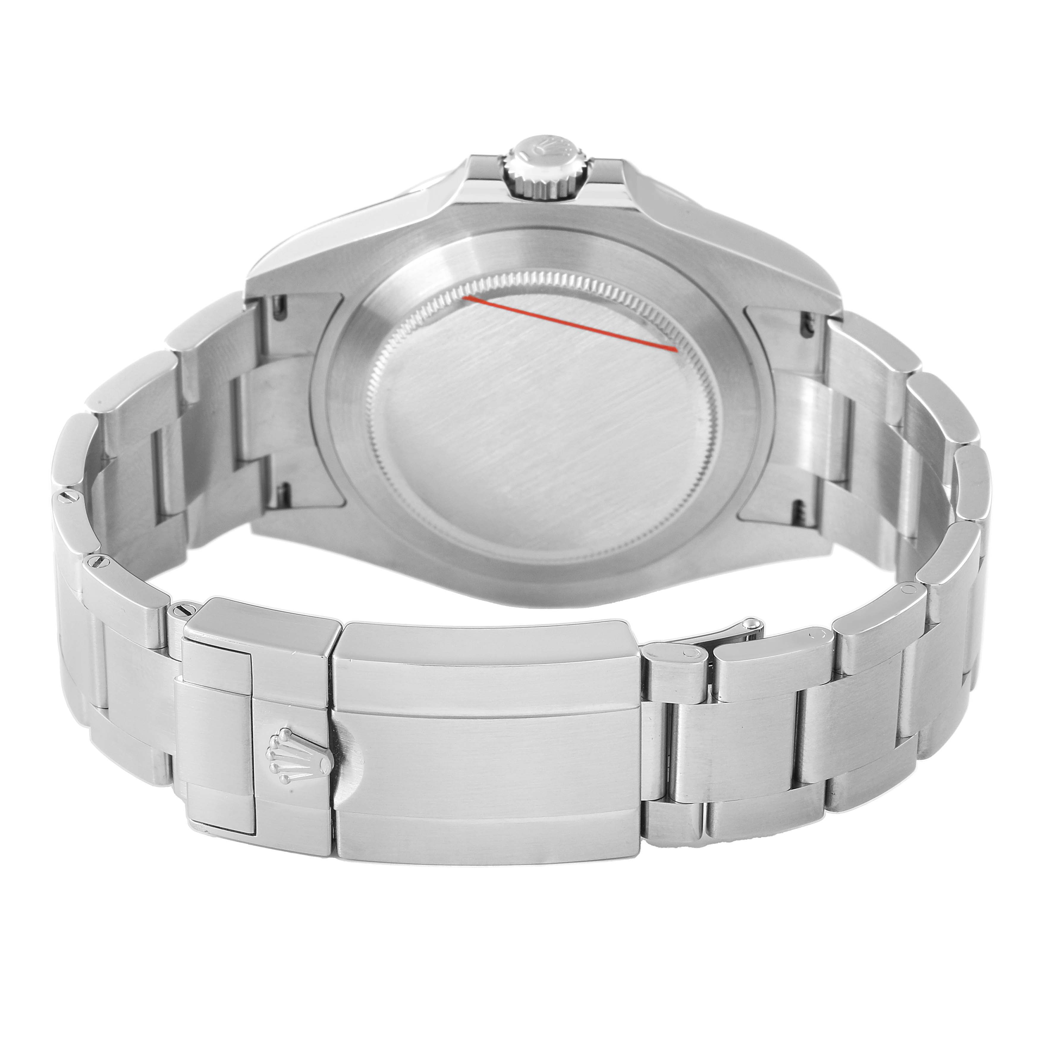 The image shows the back view of a Rolex Explorer 226570 Men's Stainless Steel White Dial watch, highlighting the clasp, bracelet, and caseback.