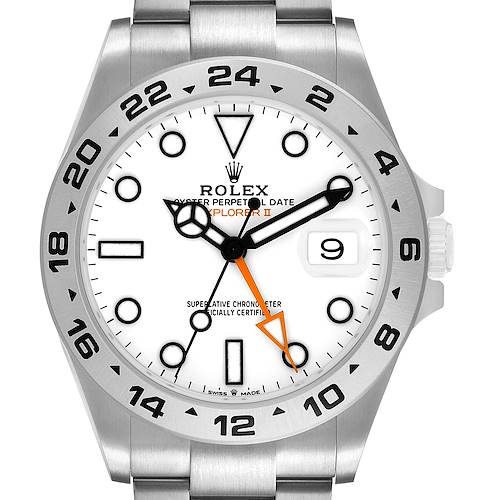 The Rolex Explorer 226570 Men's Stainless Steel White Dial II watch is shown from a front angle, highlighting the dial, hands, bezel, and part of the bracelet.