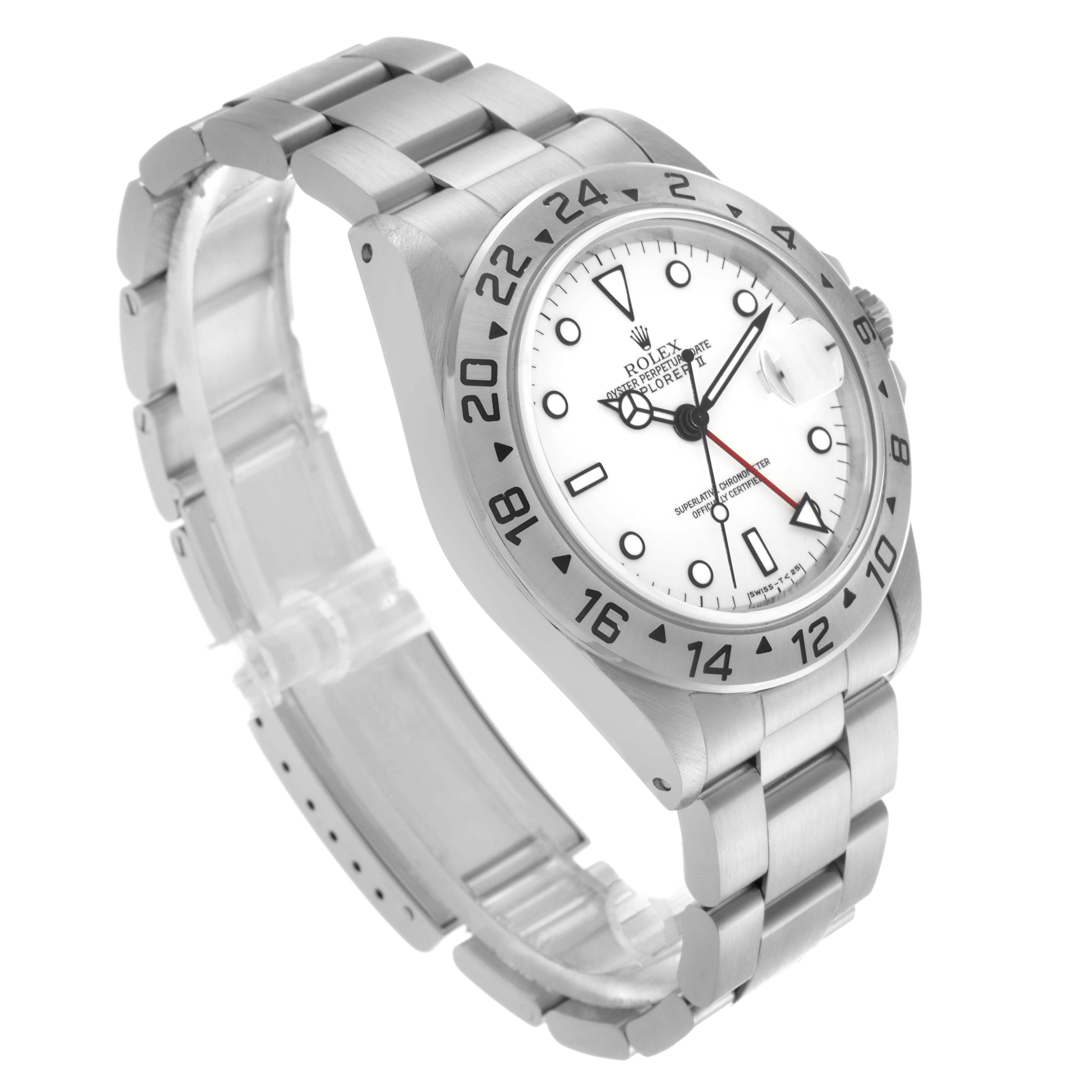 The Rolex Explorer 16570 Men's Stainless Steel White Dial 16570 Men's Stainless Steel White Dial watch is shown at a three-quarter angle, displaying the face, bezel, and bracelet.