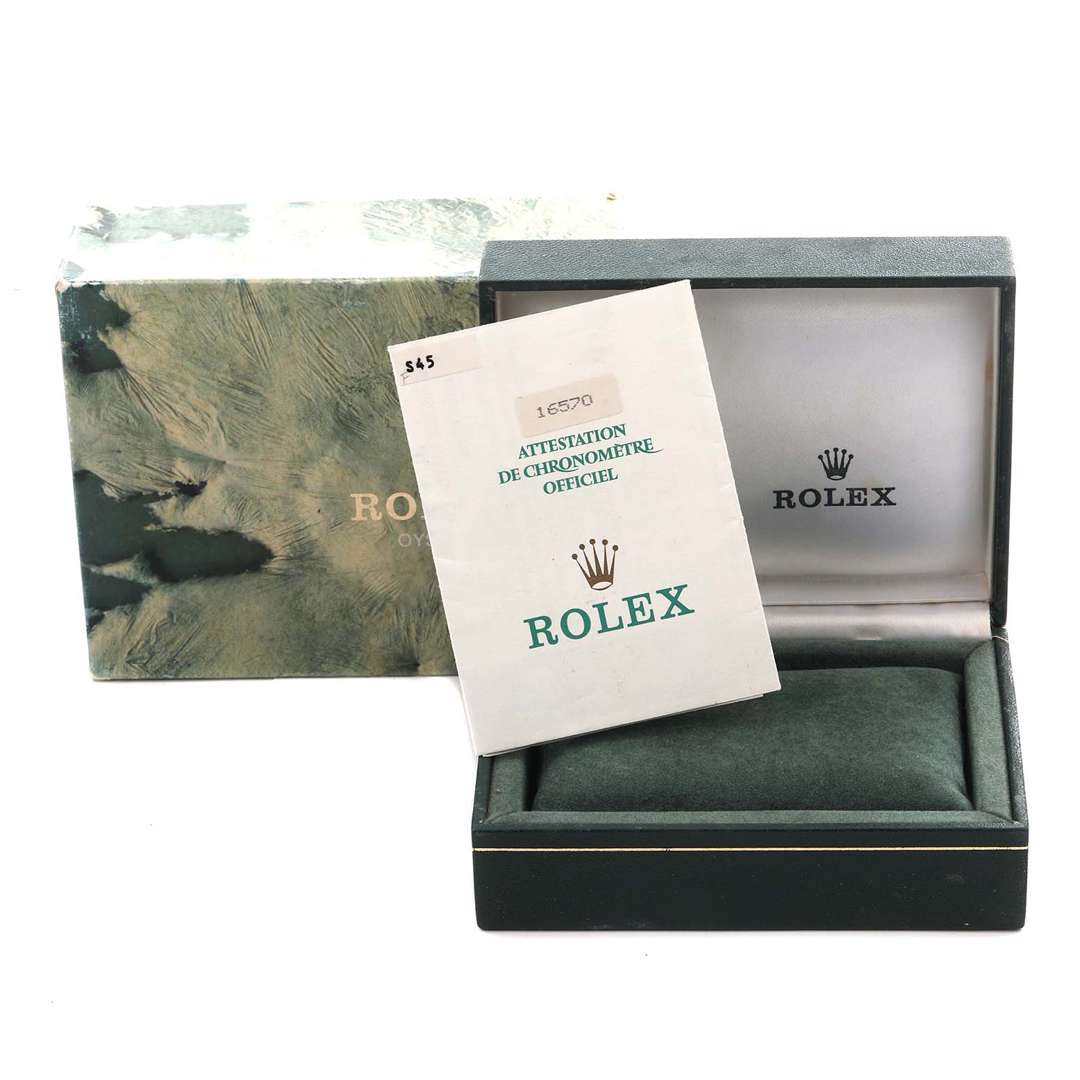 The image shows a Rolex Explorer 16570 Men's Stainless Steel White Dial 16570 Men's Stainless Steel White Dial box and certificate, viewed from the front. There is no watch visible.