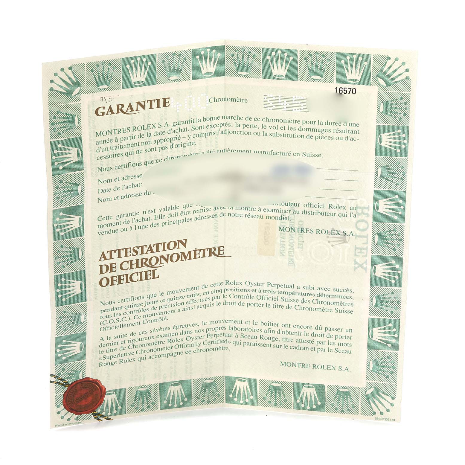 The image shows the warranty and chronometer certificate for the Rolex Explorer 16570 Men's Stainless Steel White Dial 16570 Men's Stainless Steel White Dial model.