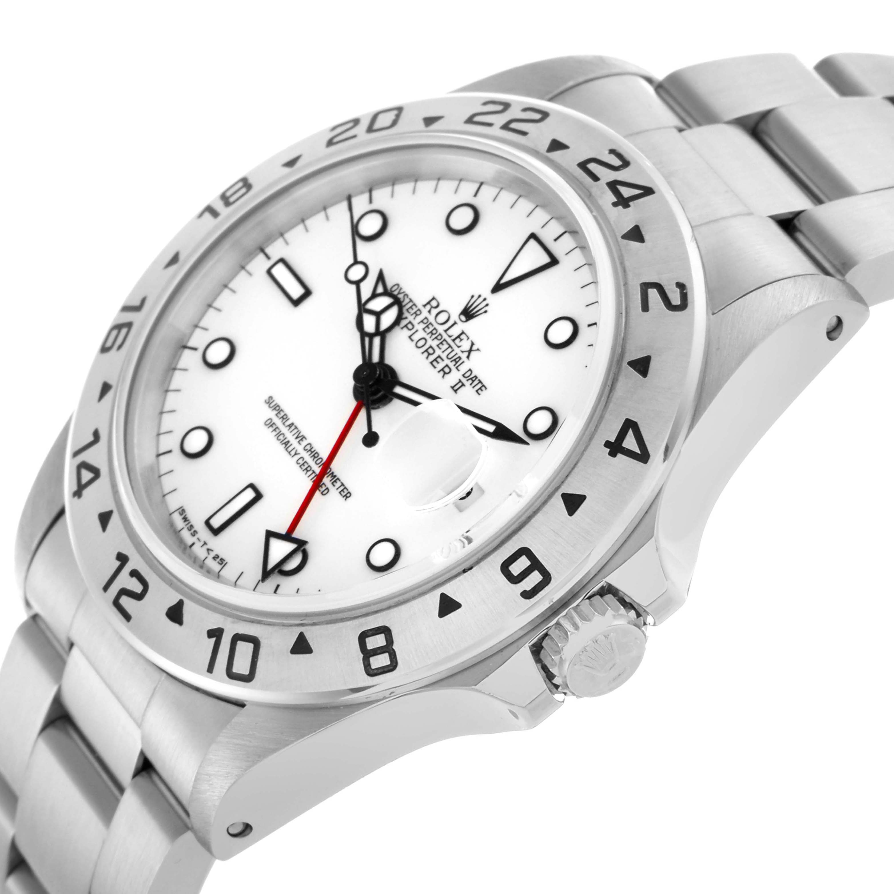 The Rolex Explorer 16570 Men's Stainless Steel White Dial 16570 Men's Stainless Steel White Dial watch is shown at a slight side angle, highlighting the dial, bezel, crown, and bracelet.